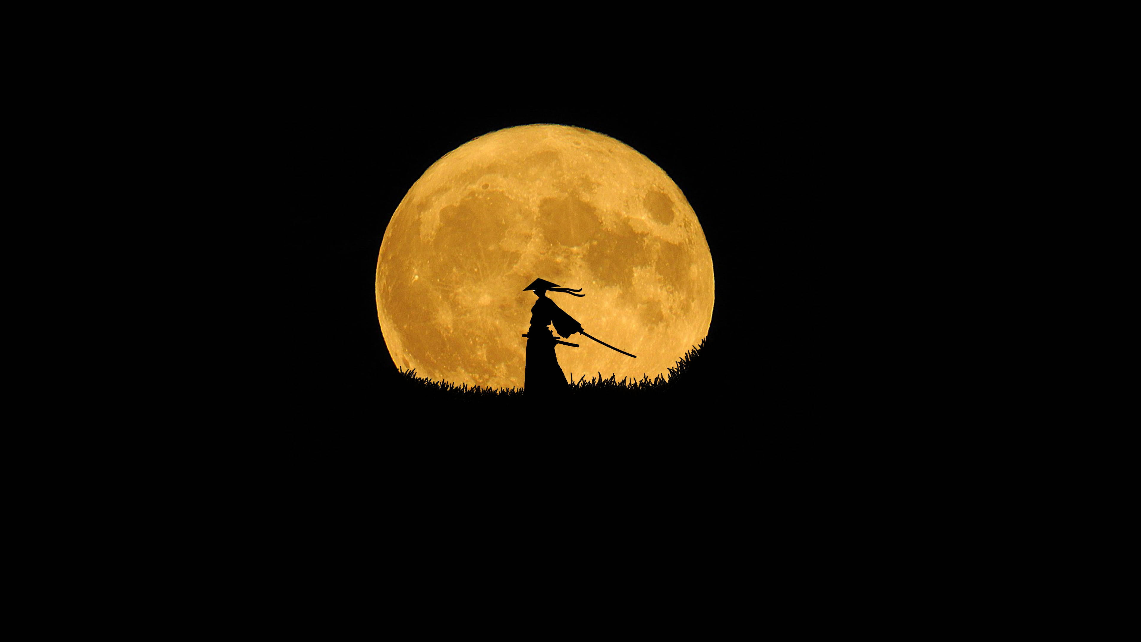 Samurái japonés genial y luna llena Fondos de pantalla