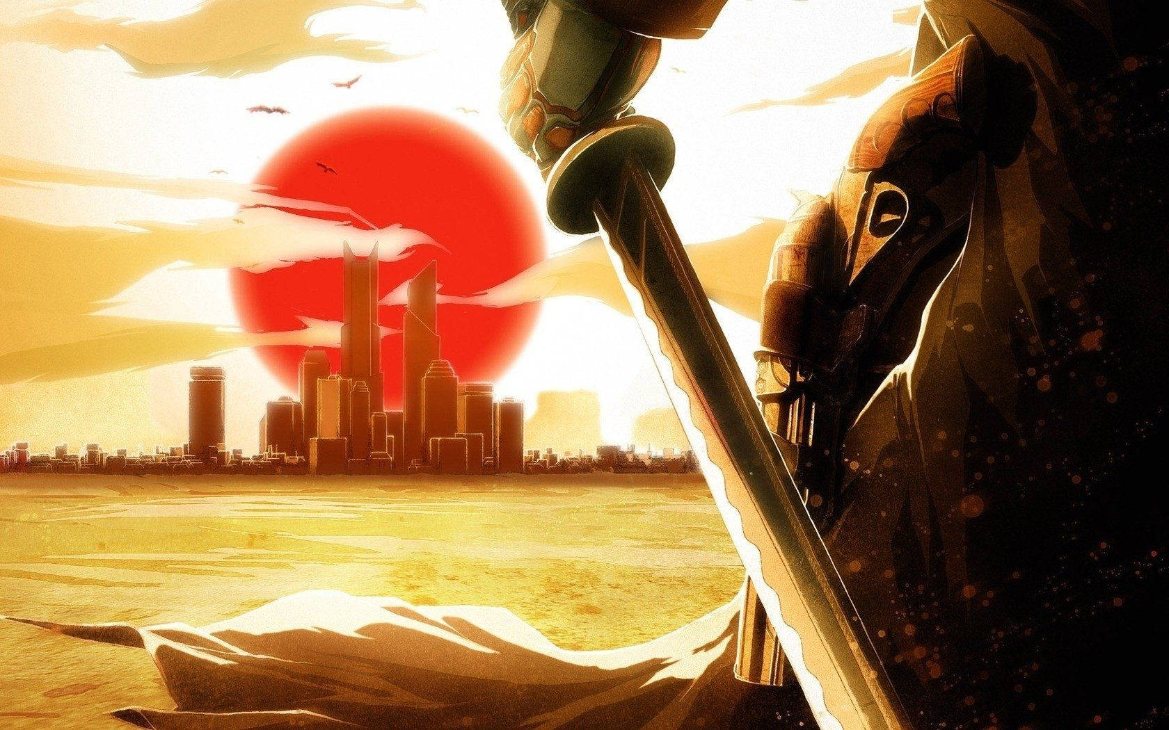 Samurái japonés frente a la ciudad Fondos de pantalla