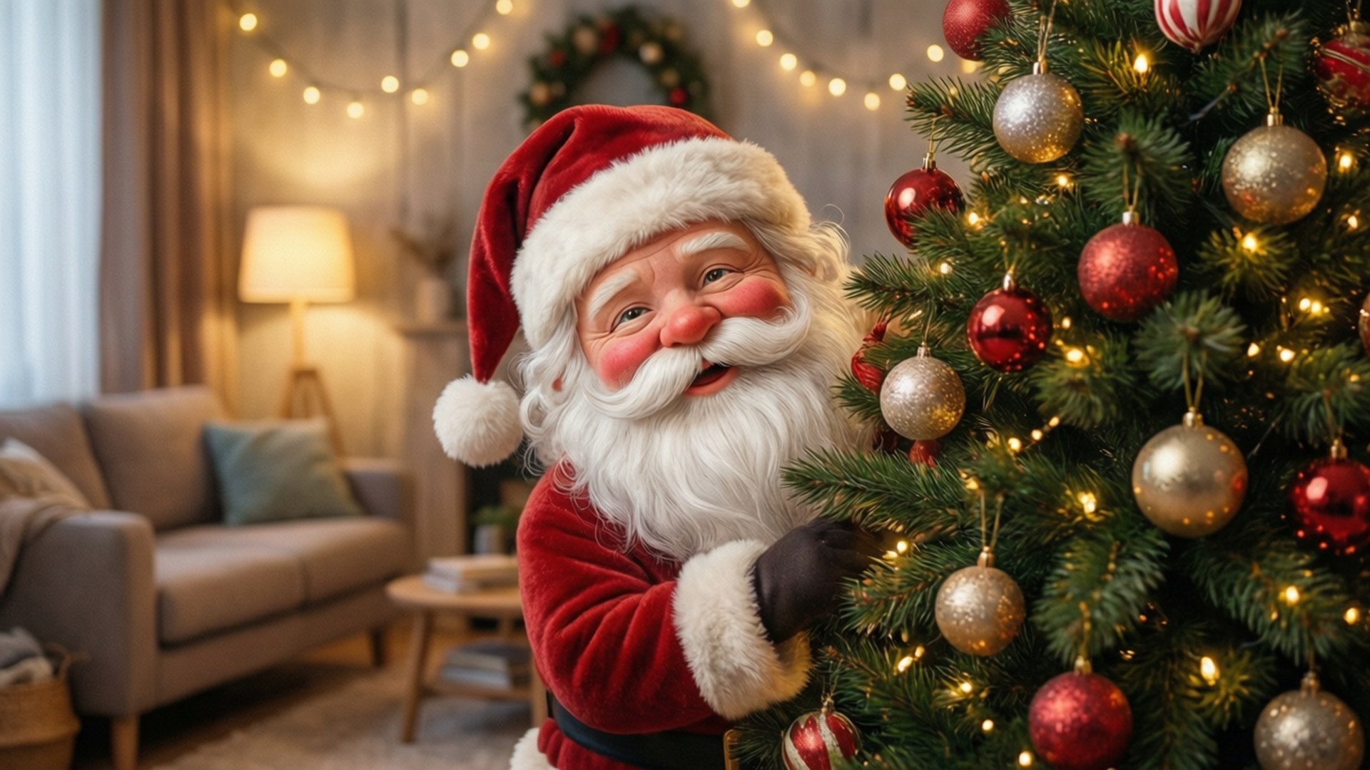Santa asomándose detrás del árbol Fondos de pantalla