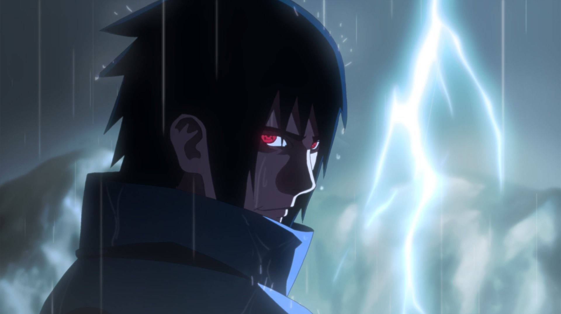 Fondo de pantalla de Sasuke presumiendo sus ojos de Mangekyo Sharingan eterno.