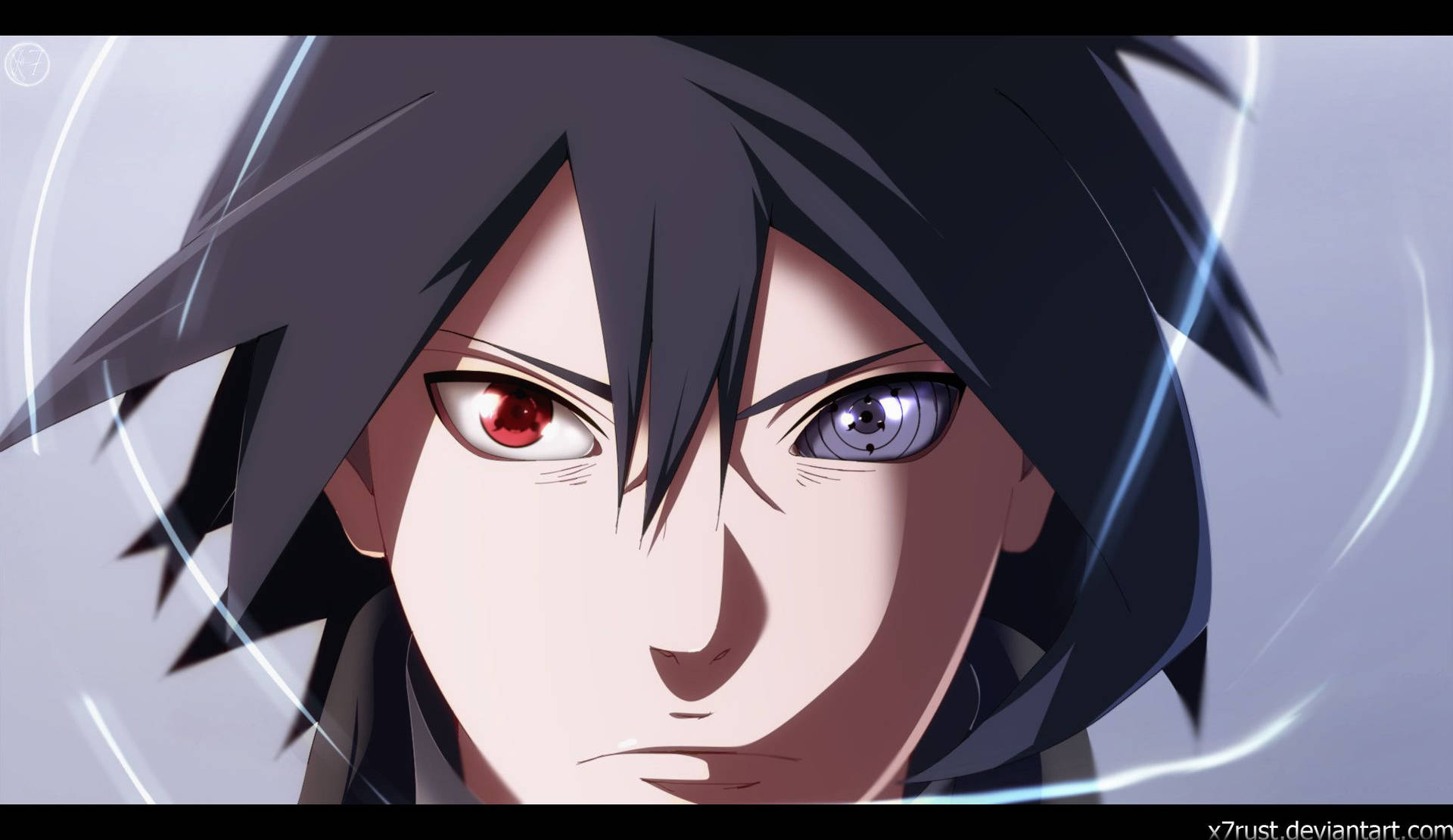 Fondo de pantalla de Sasuke Uchiha mostrando ojos Rinnegan y Sharingan.