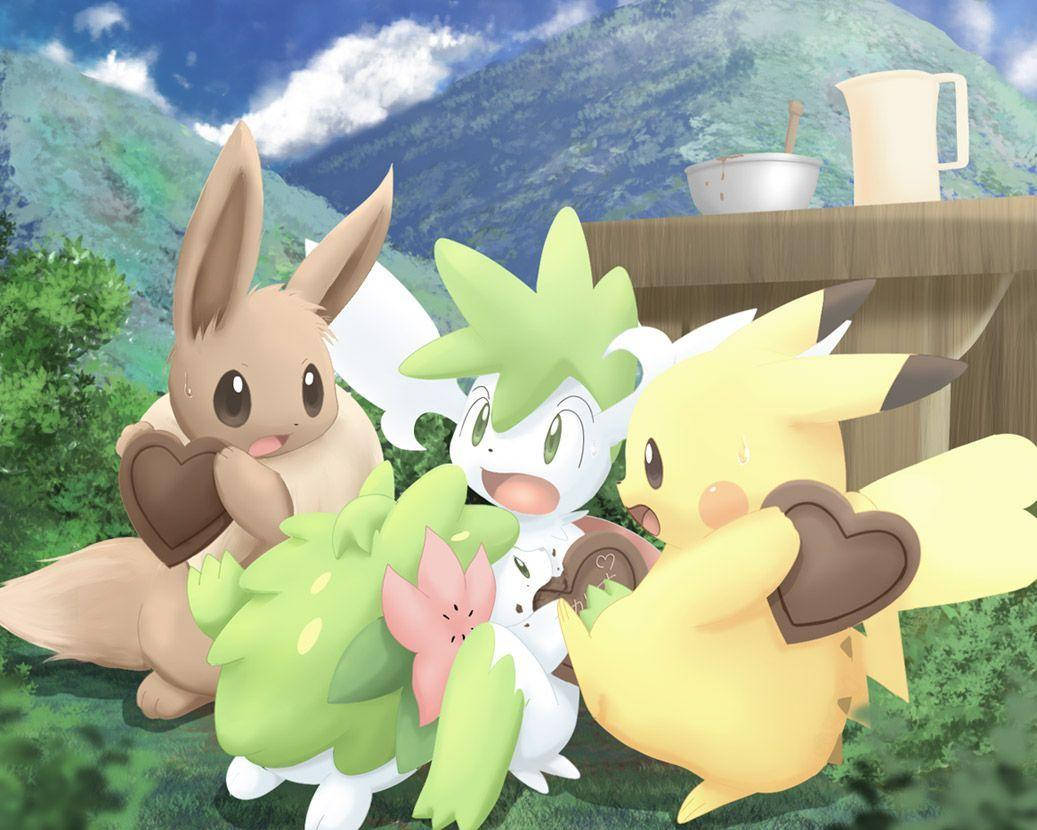Shaymin Jugando con Pikachu y Eevee Fondos de pantalla