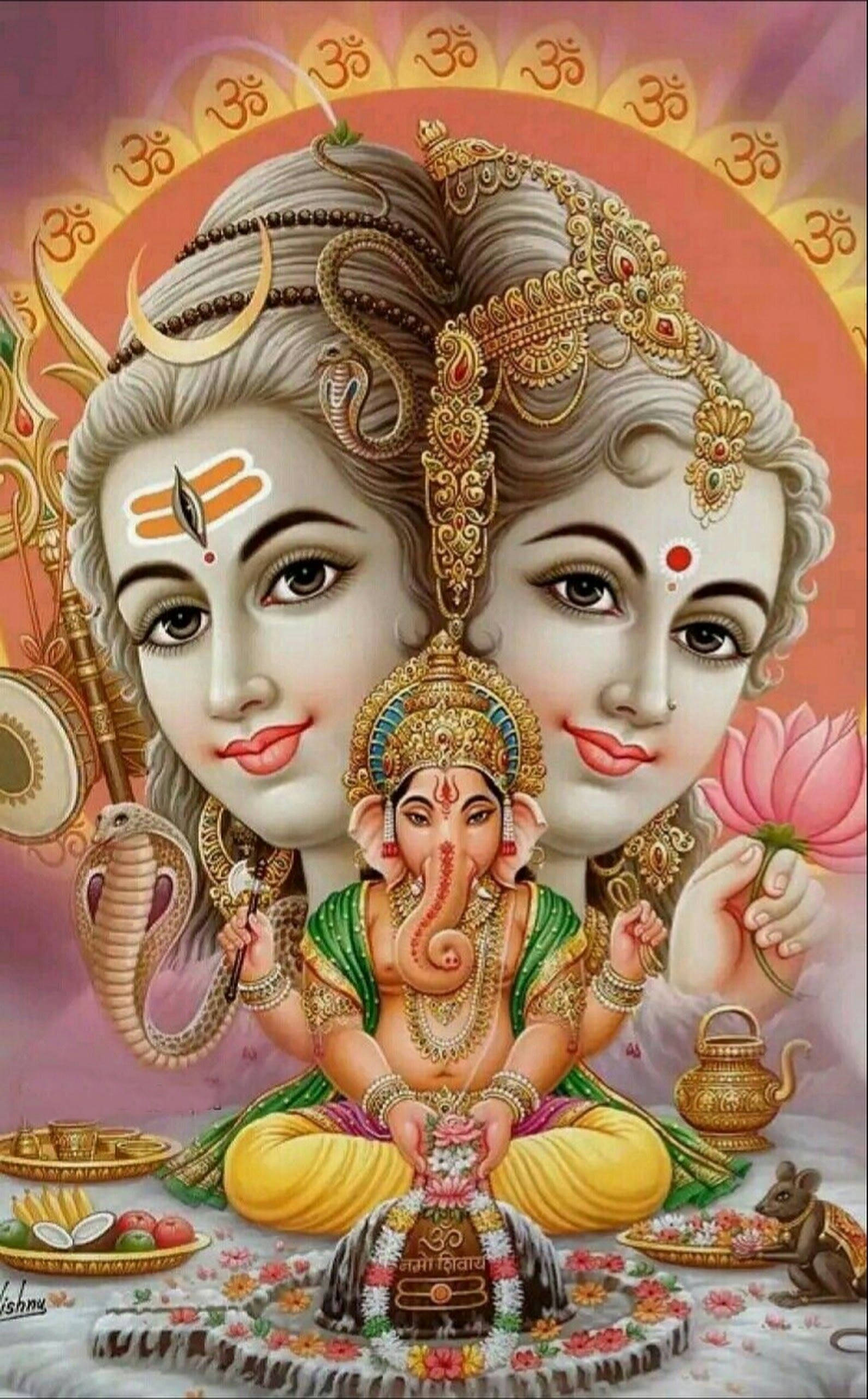 Shiva Parvati Festivo Cabeza Fusionada y Ganesha Fondos de pantalla