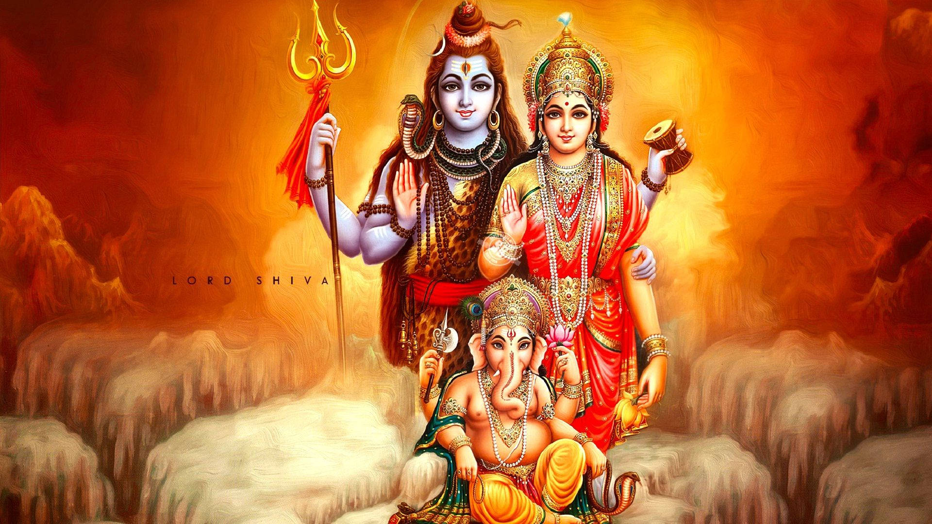 Shiva Parvati Ganesha Fondo Rojo y Naranja Fondos de pantalla