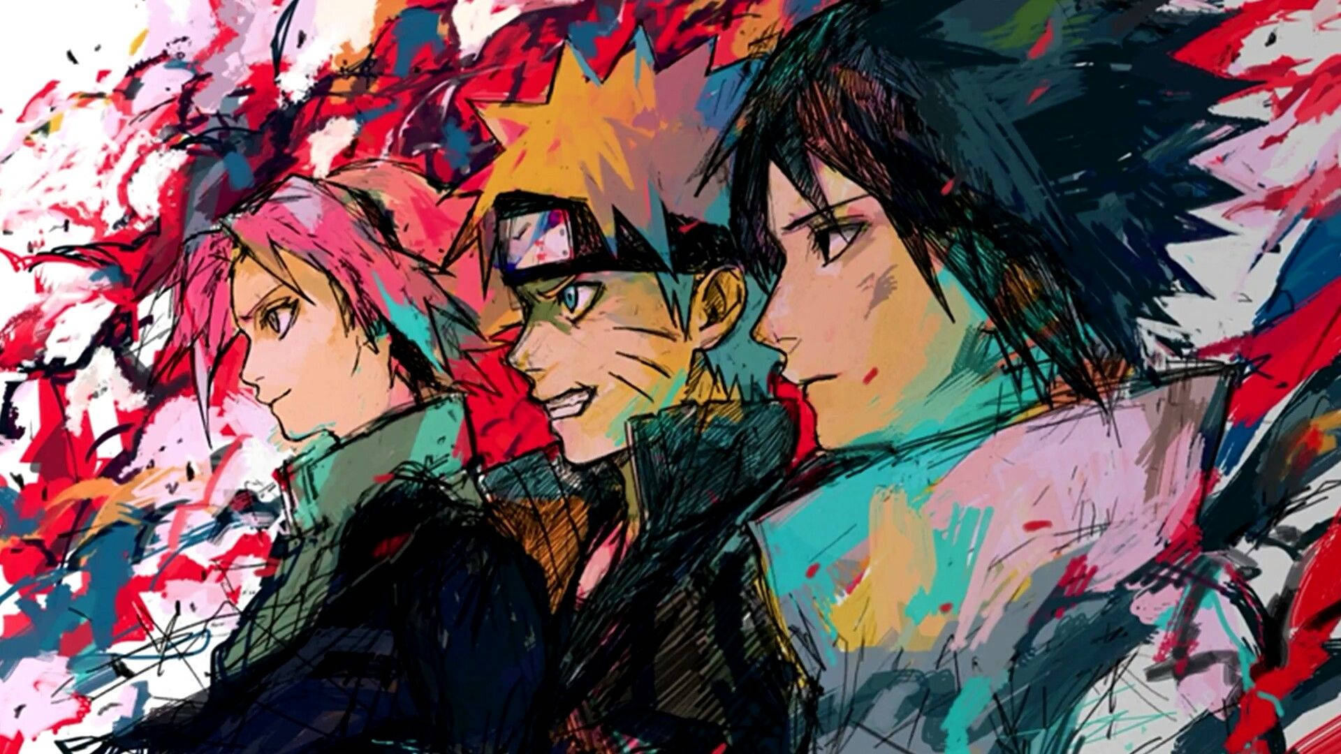 Naruto y sus compañeros de equipo en un colorido fondo de pantalla de fan art.
