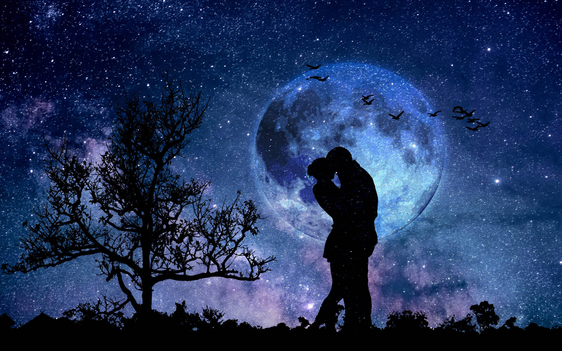 Silueta de Amantes Bajo la Luna Galáctica Fondos de pantalla
