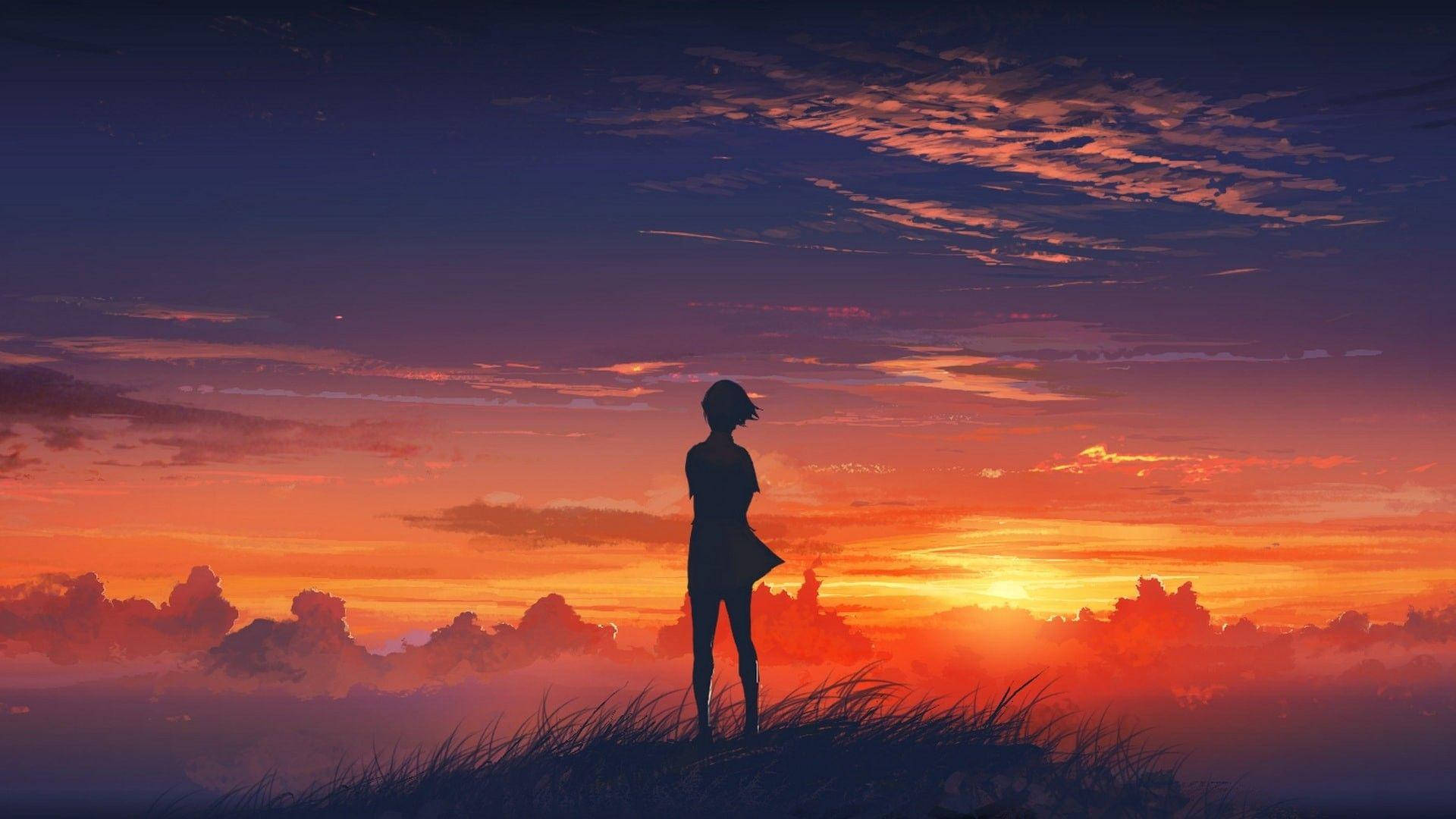 Silueta de Chica Anime Estética Atardecer Fondos de pantalla