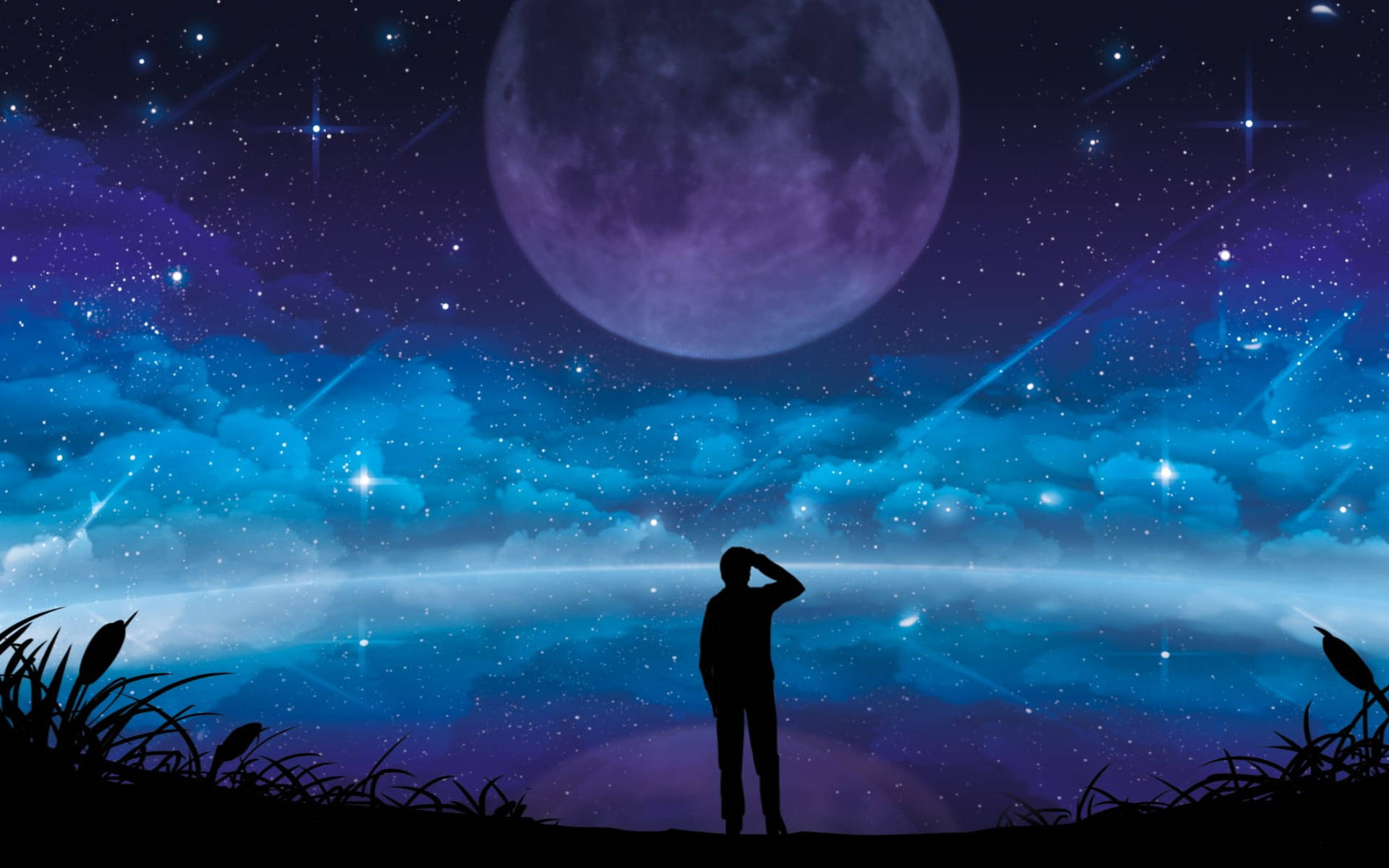 Silueta de hombre y luna galáctica Fondos de pantalla