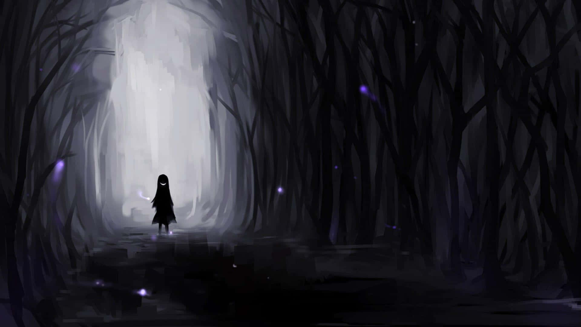 Silueta de una chica anime triste y genial en un bosque oscuro Fondos de pantalla