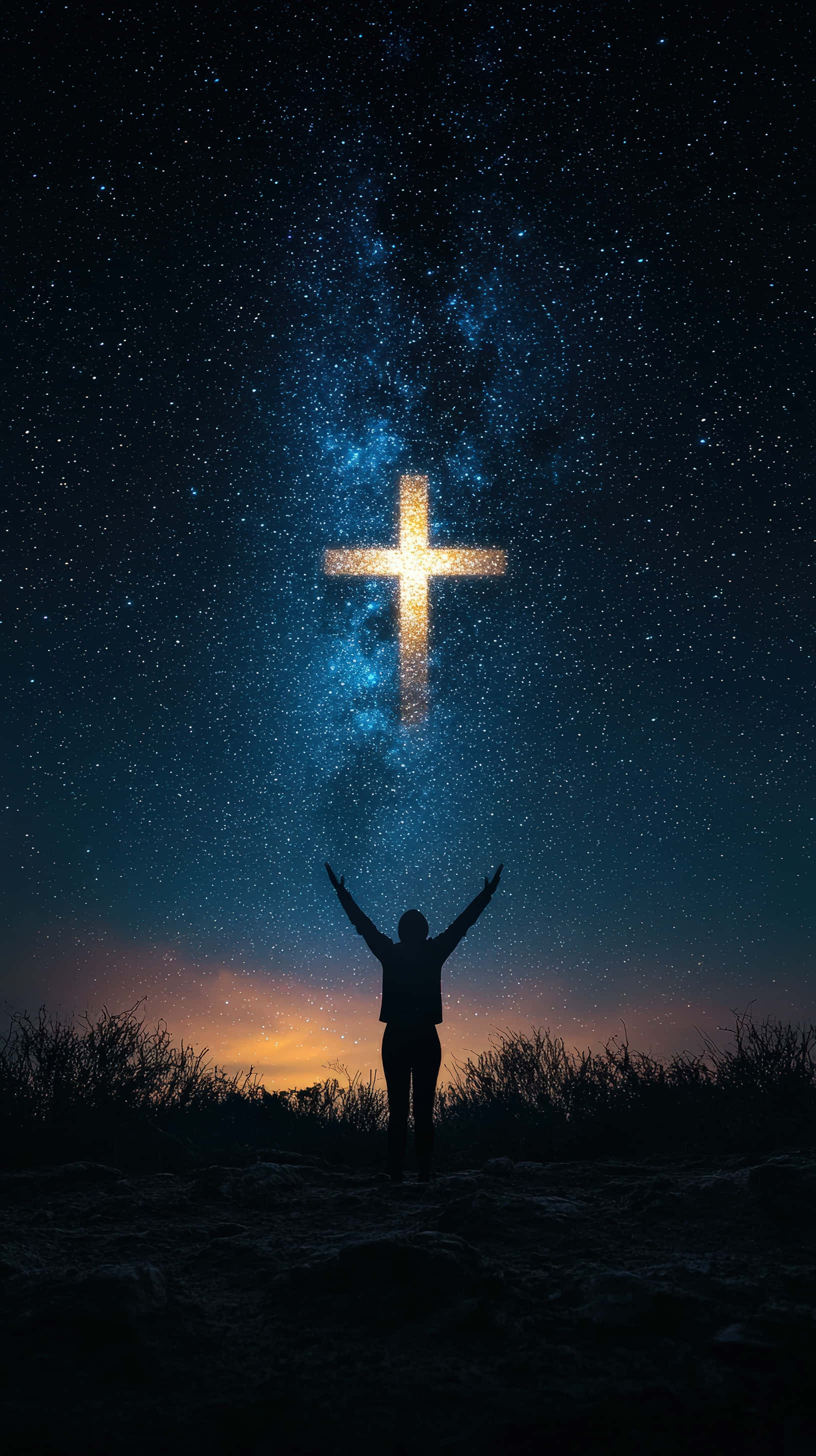 Silueta de una persona elevando las manos hacia una cruz resplandeciente en un cielo estrellado nocturno Fondos de pantalla