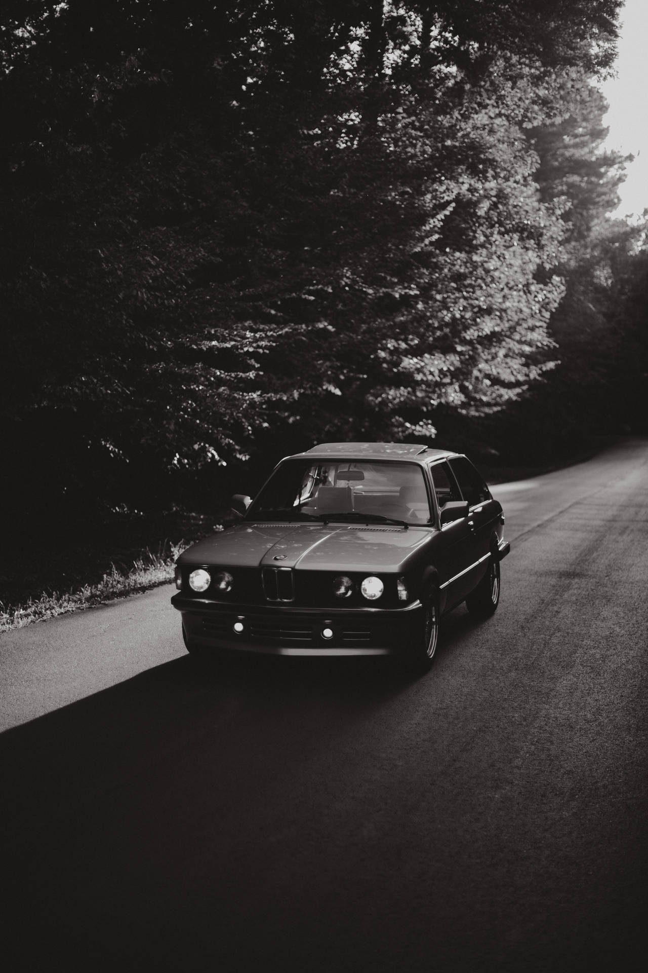 Fondo de pantalla en blanco y negro de un BMW antiguo en la carretera
