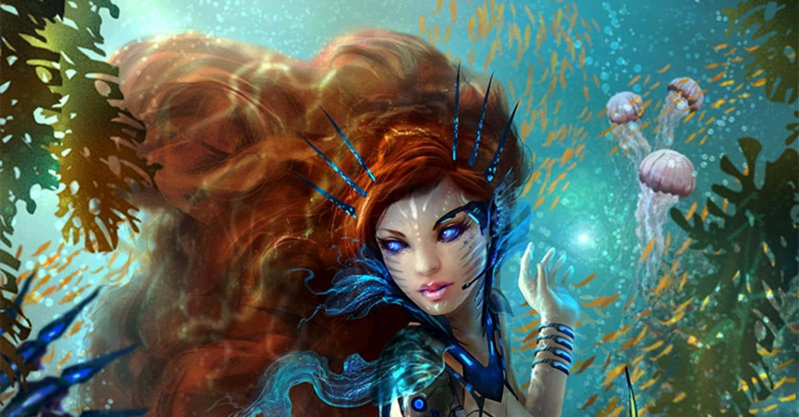 Sirena pelirroja de fantasía en colores vibrantes Fondos de pantalla