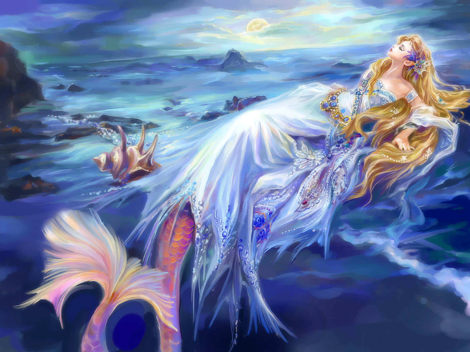 Sirena rubia con vestido azul Fondos de pantalla