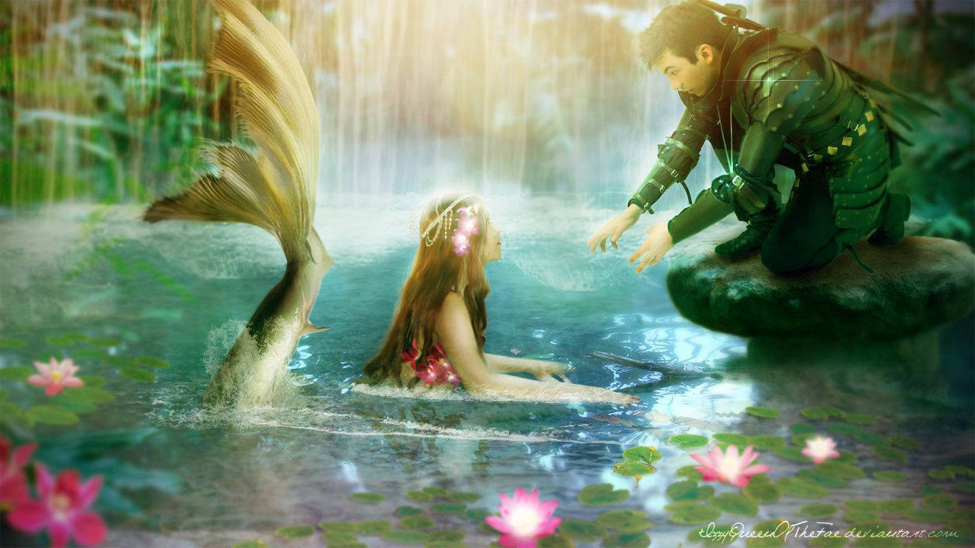 Fondo de pantalla de escritorio brillante de sirena y caballero.