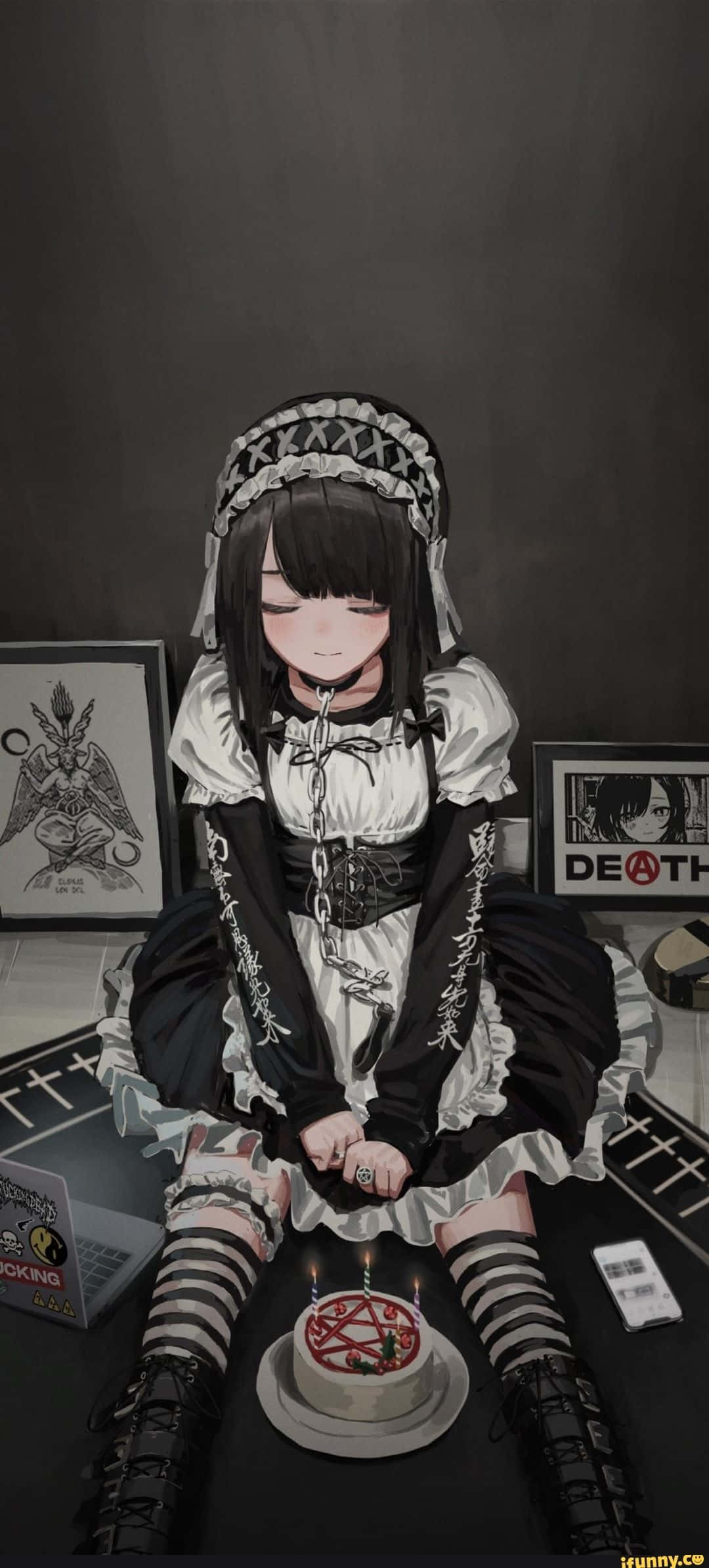 Sirvienta Anime Gótica Frente a Pastel de Pentagrama Fondos de pantalla