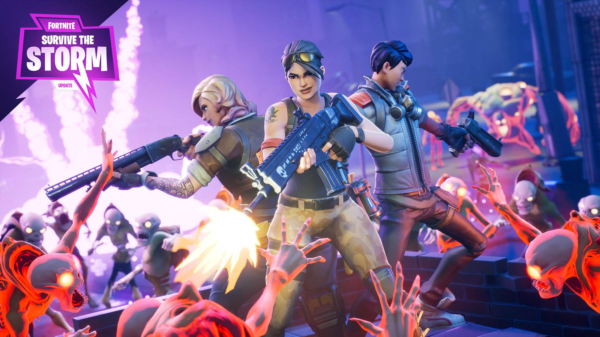 Dos mujeres y un chico luchando contra monstruos en Fortnite Survive The Storm en HD.