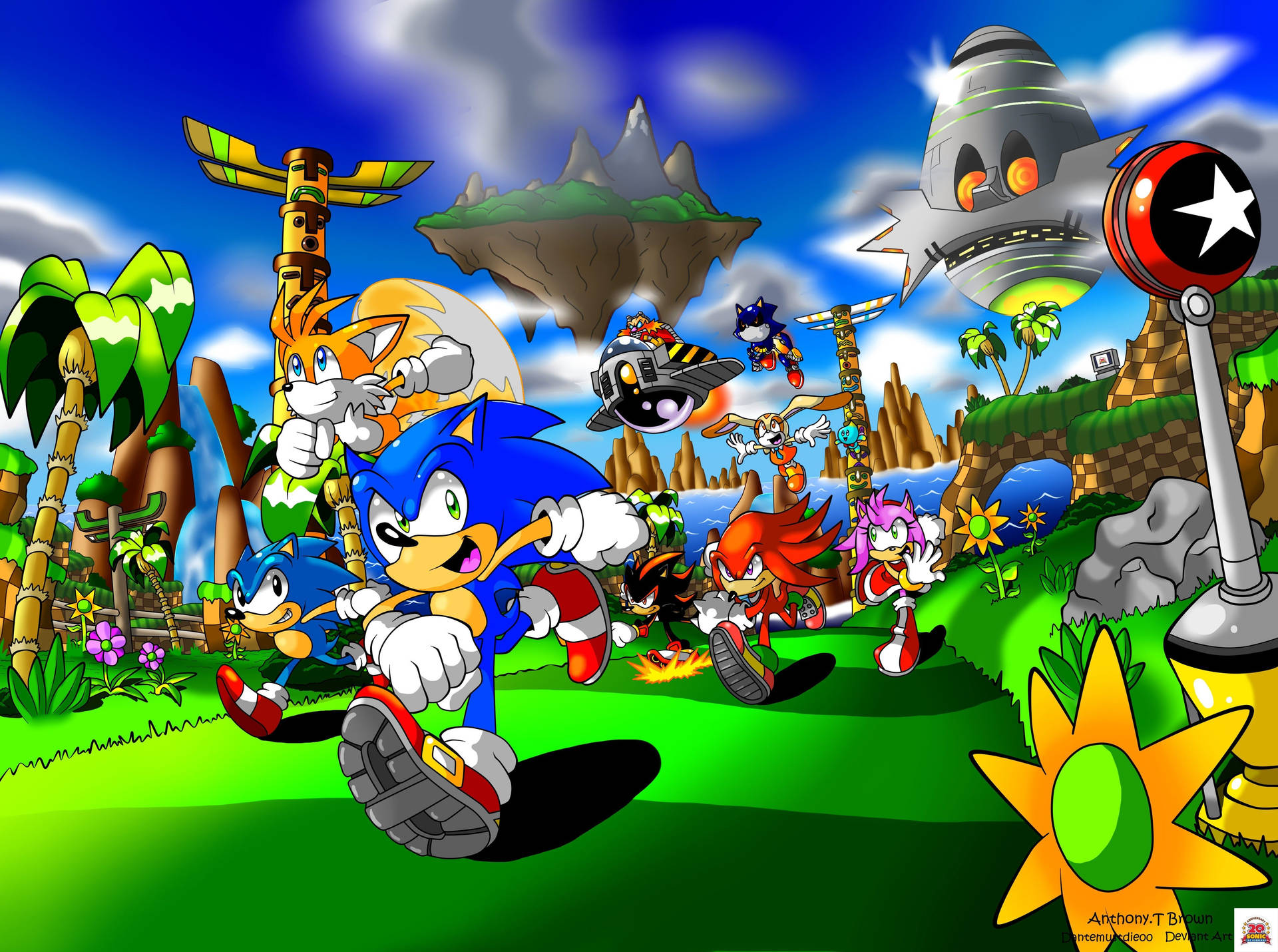 Fondo de pantalla de Sonic y estelas en la jungla tropical del nivel del juego.