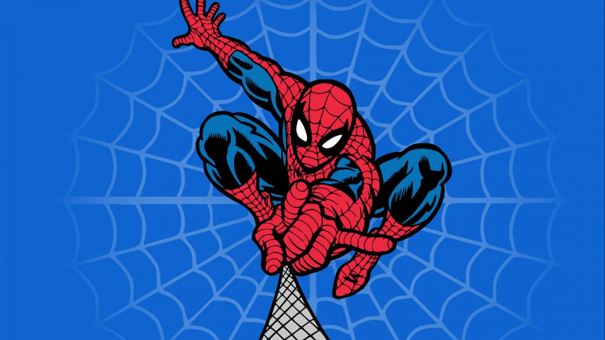 Spiderman lanzando telaraña sobre un fondo azul, cómics de Marvel Superhéroes