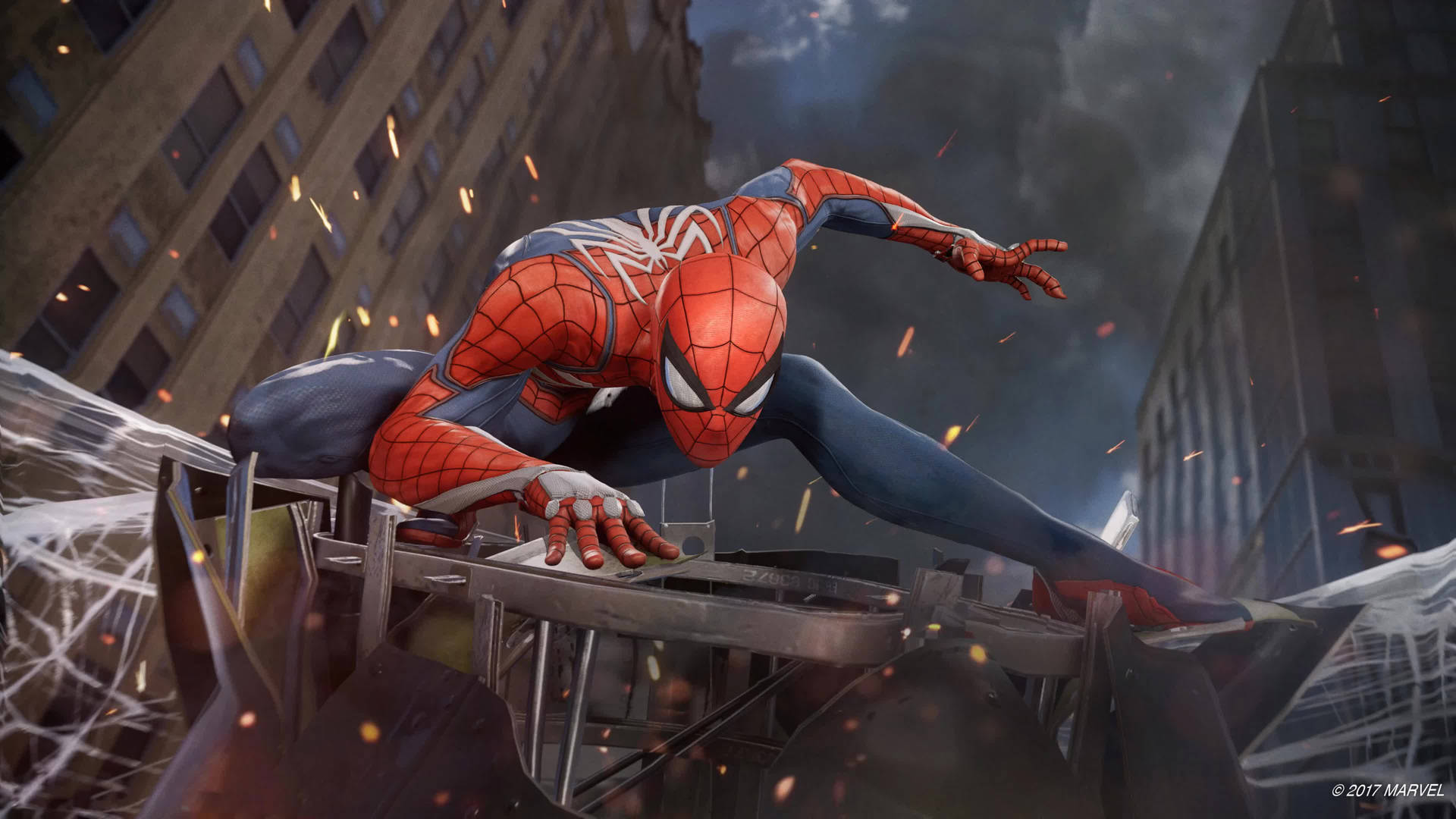 Spiderman, superhéroe de Marvel, en acción, en un campo de batalla con ciudad en ruinas.