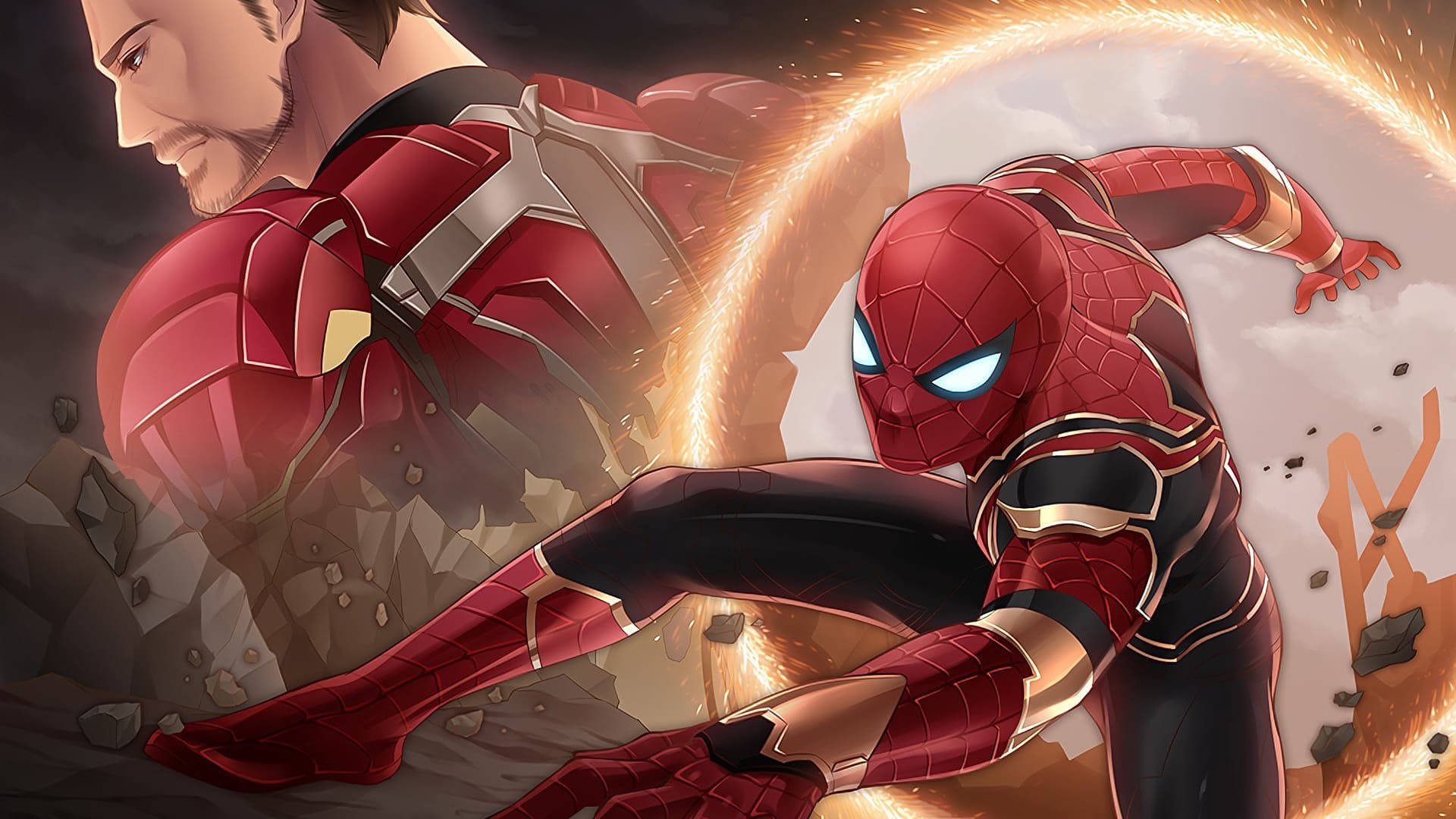 Spiderman usando un traje metálico que es un regalo de Iron Man