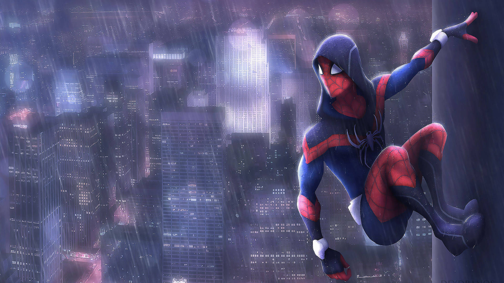 Spiderman de pie valientemente bajo la lluvia Fondos de pantalla
