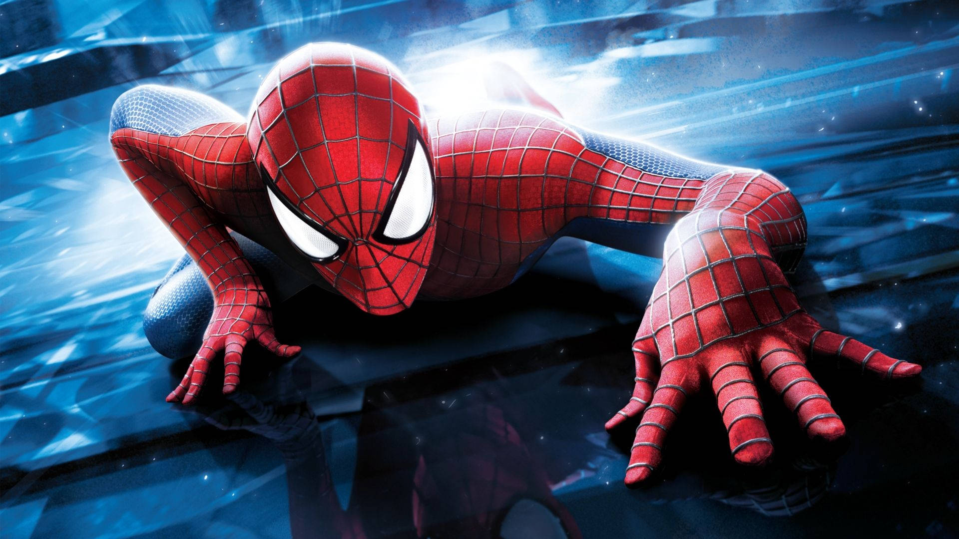 Spiderman escalando un edificio alto de vidrio azul en una ciudad oscura.