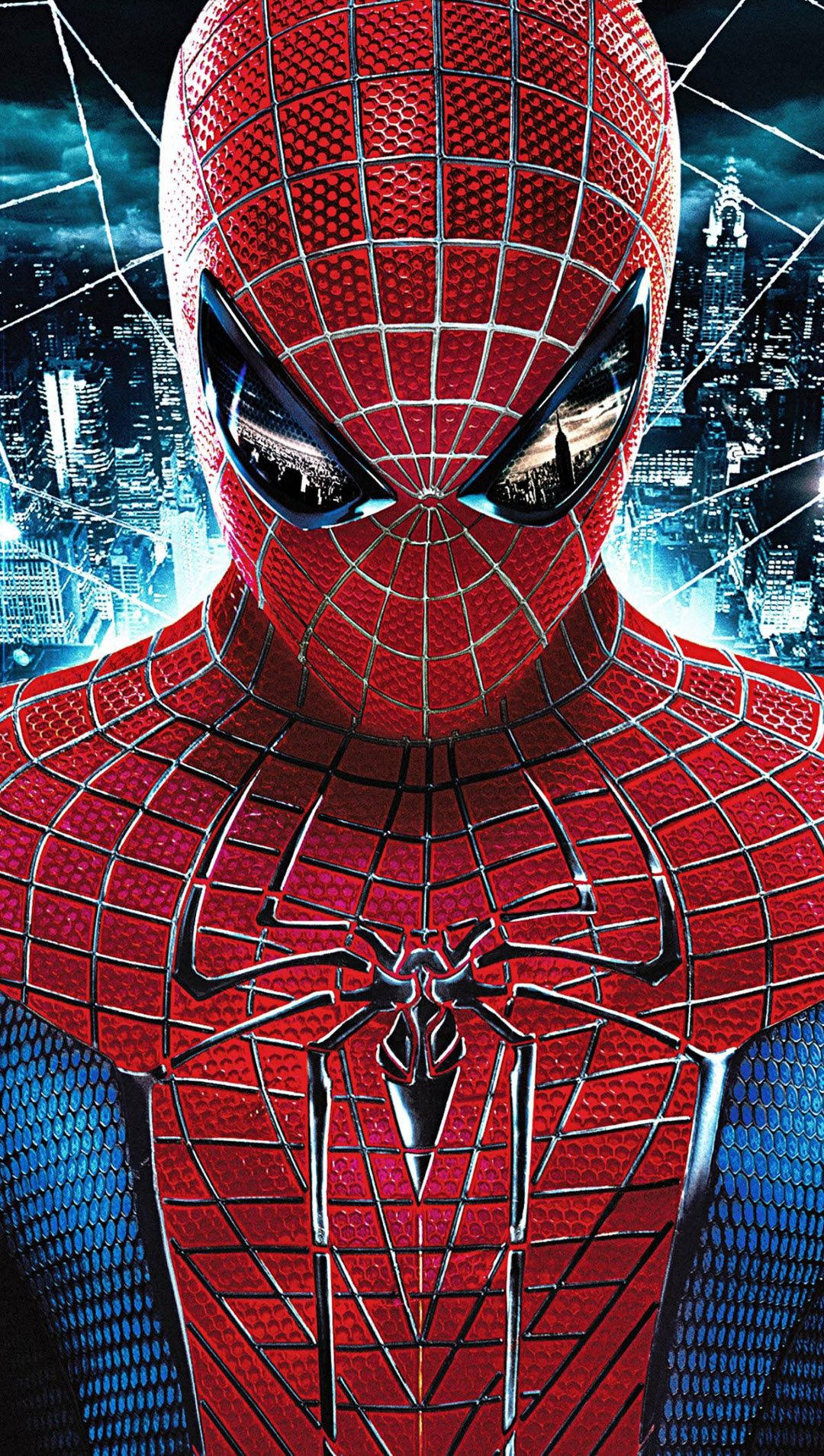 Spiderman, héroe de Marvel, mirando hacia abajo con un fondo de rayos azules.