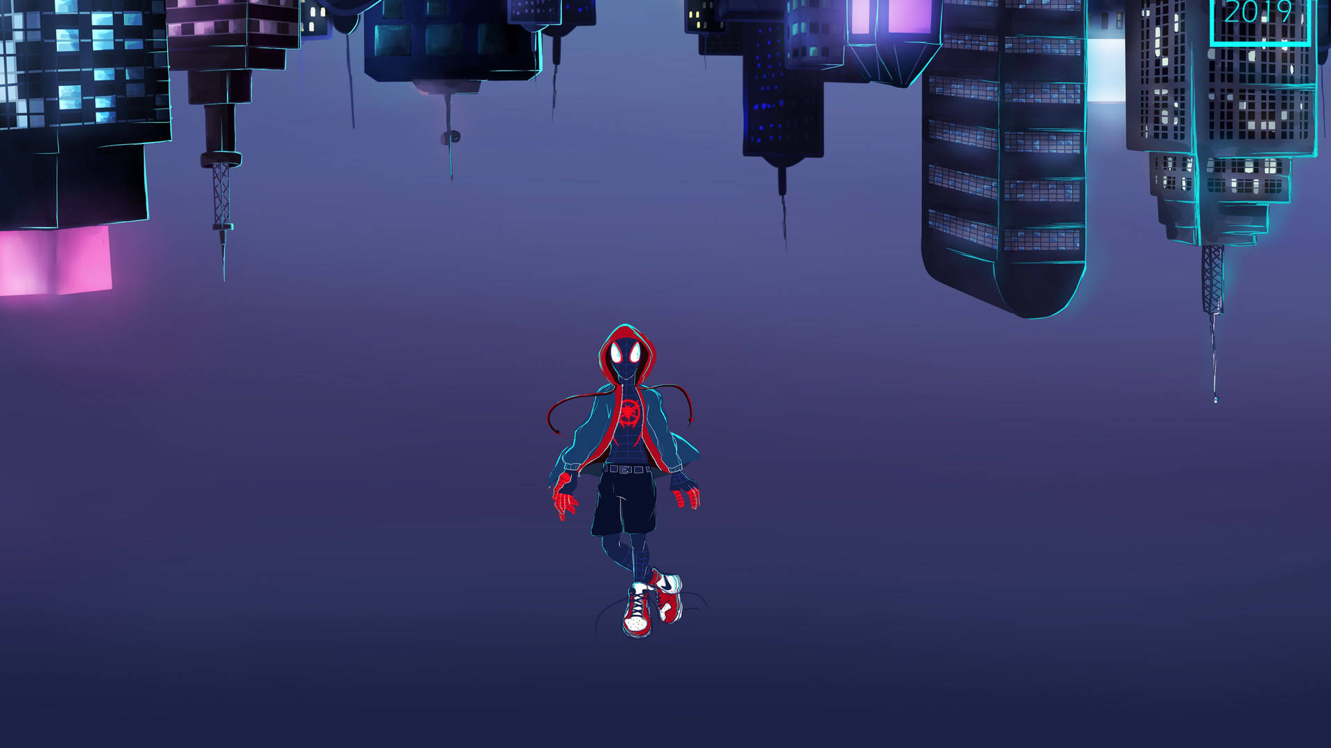 Spiderman con chaqueta azul y tenis flotando sobre una ciudad al revés.
