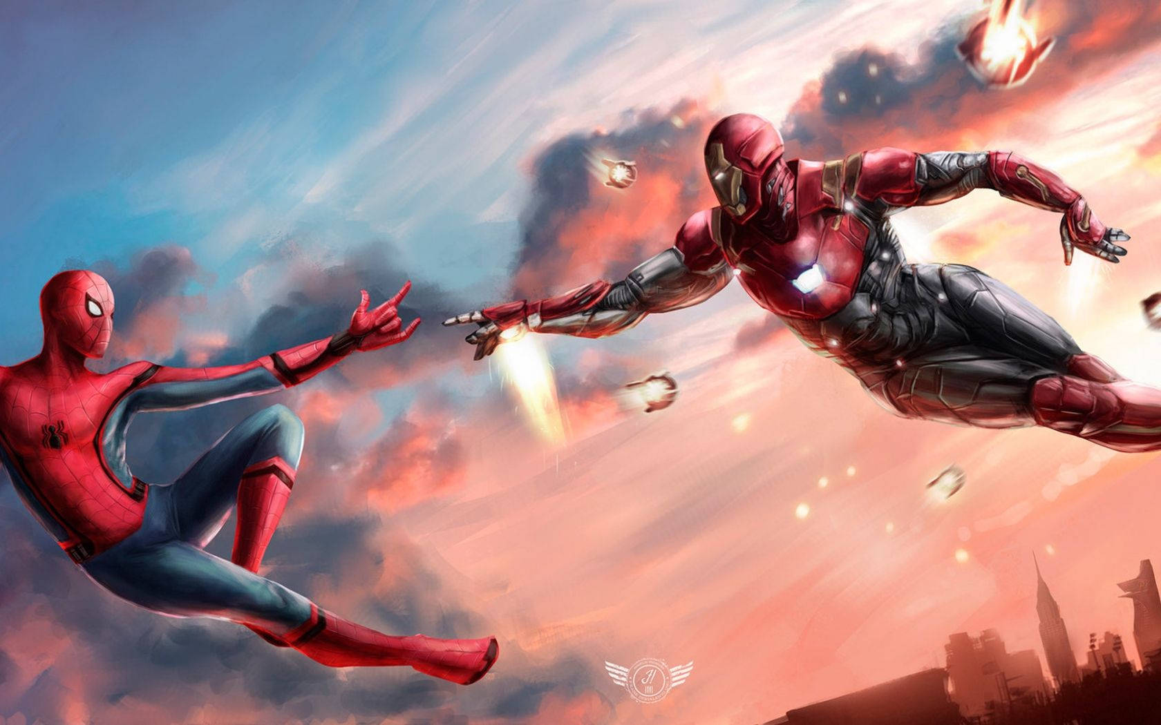 Fondo de pantalla de arte digital de Spiderman e Iron-Man