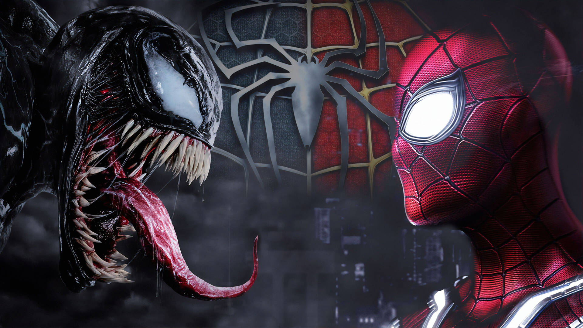 Spiderman y Venom enfrentándose sobre un fondo negro oscuro.