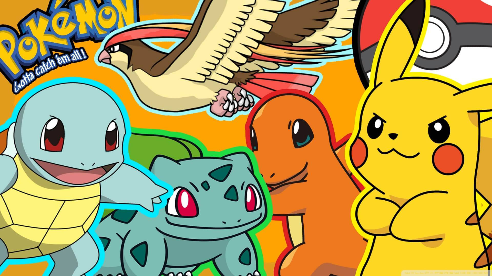 Fondo de pantalla de los adorables Squirtle, Bulbasaur, Charmander y Pikachu en Pokémon.