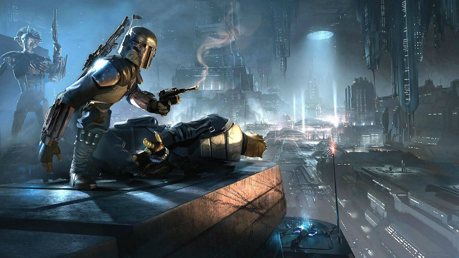 Fondo de pantalla de Star Wars de un Stormtrooper en una batalla en un planeta ciudad futurista moderno