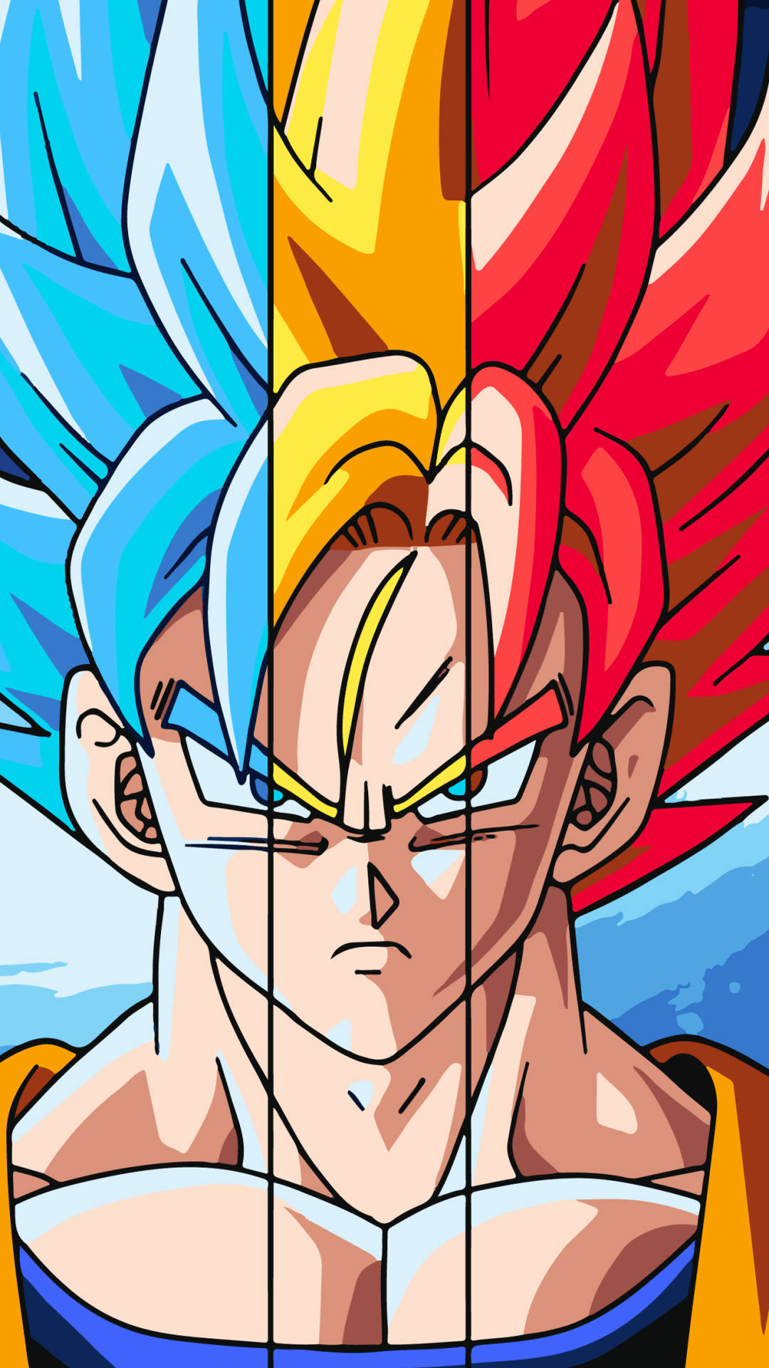 Dragon Ball Z super broly San Goku con cabello multicolor en azul, amarillo y rojo. Anime popular.