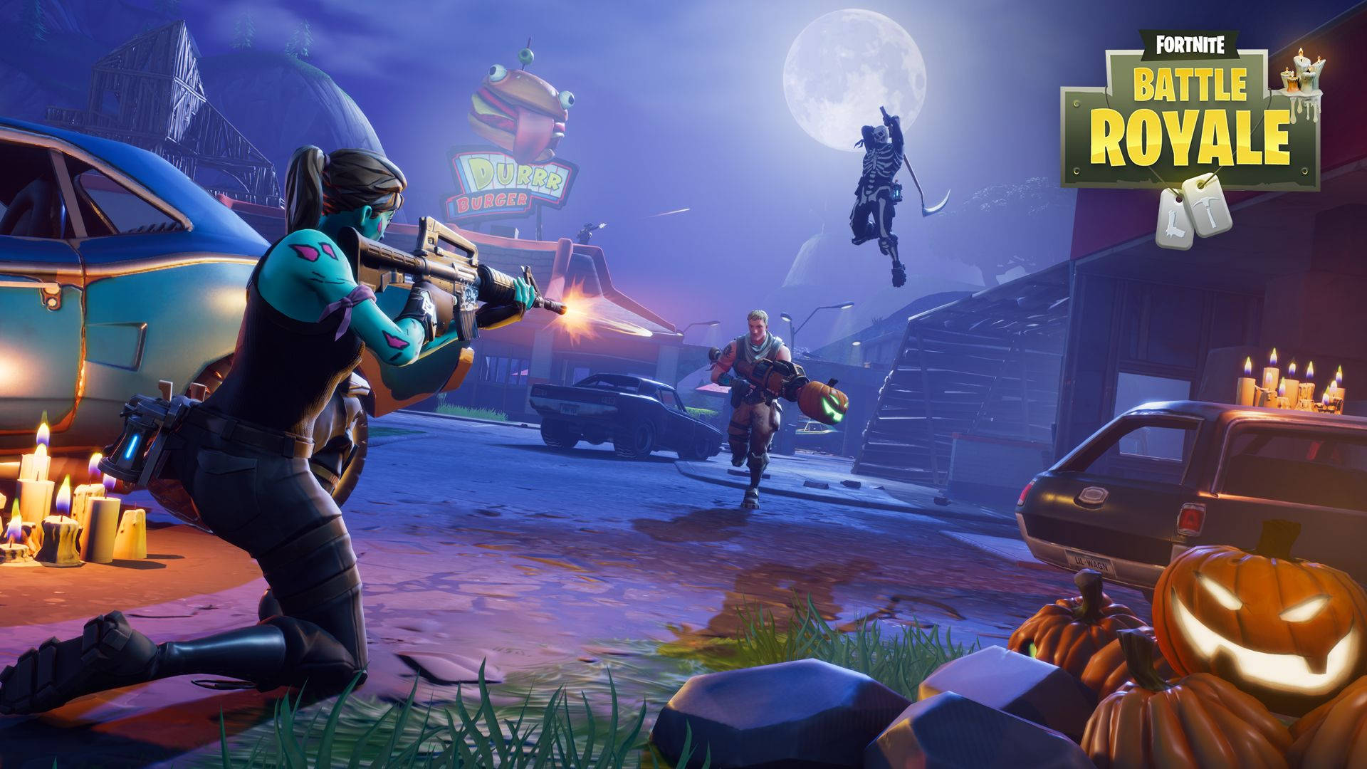 Una pelea nocturna entre tres personajes en Fortnite, fondo de pantalla.