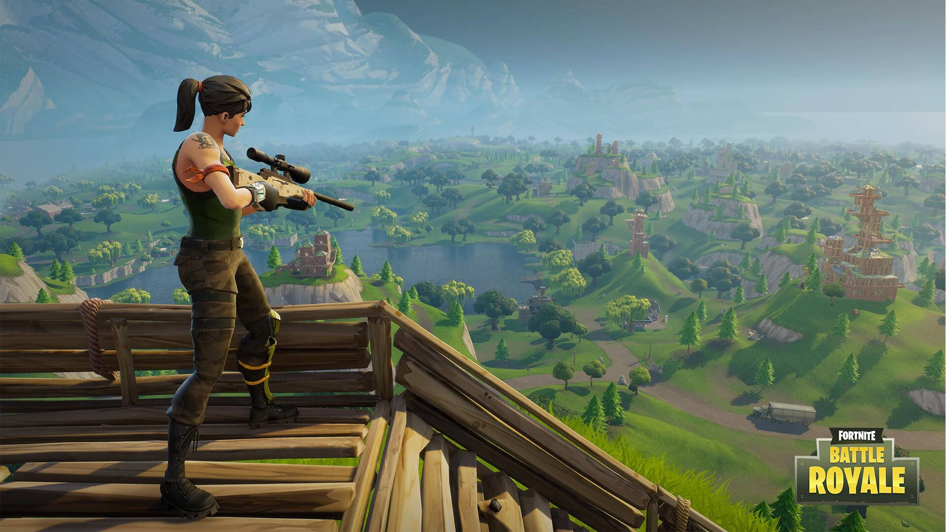 Una soldado sostiene un rifle de francotirador buscando un objetivo en el suelo en el juego Fortnite Battle Royale, fondo de pantalla.