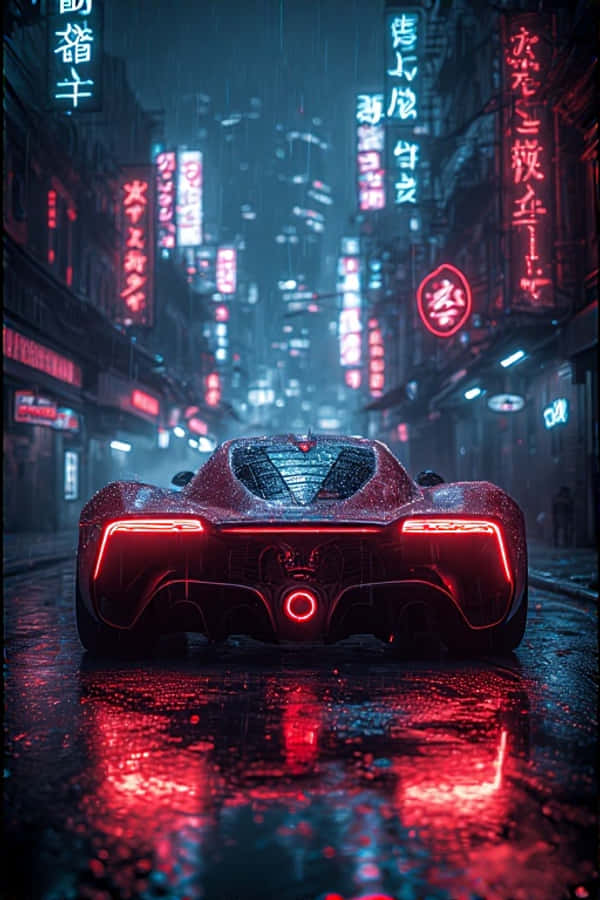 Supercoche Cyberpunk en Callejón Lluvioso de Neón Futurista 4K Fondos de pantalla