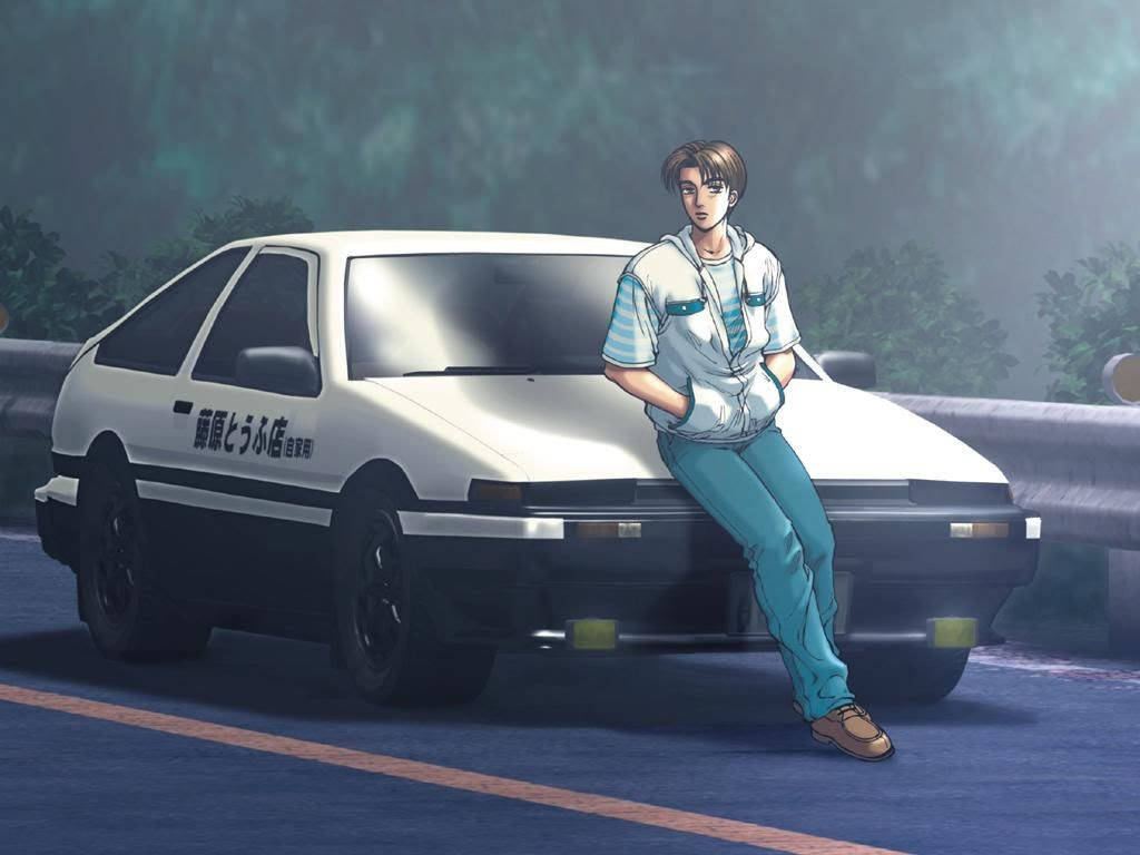 Takumi Fujiwara recostado sobre su auto de carreras en un estilo animado. Fondos de pantalla