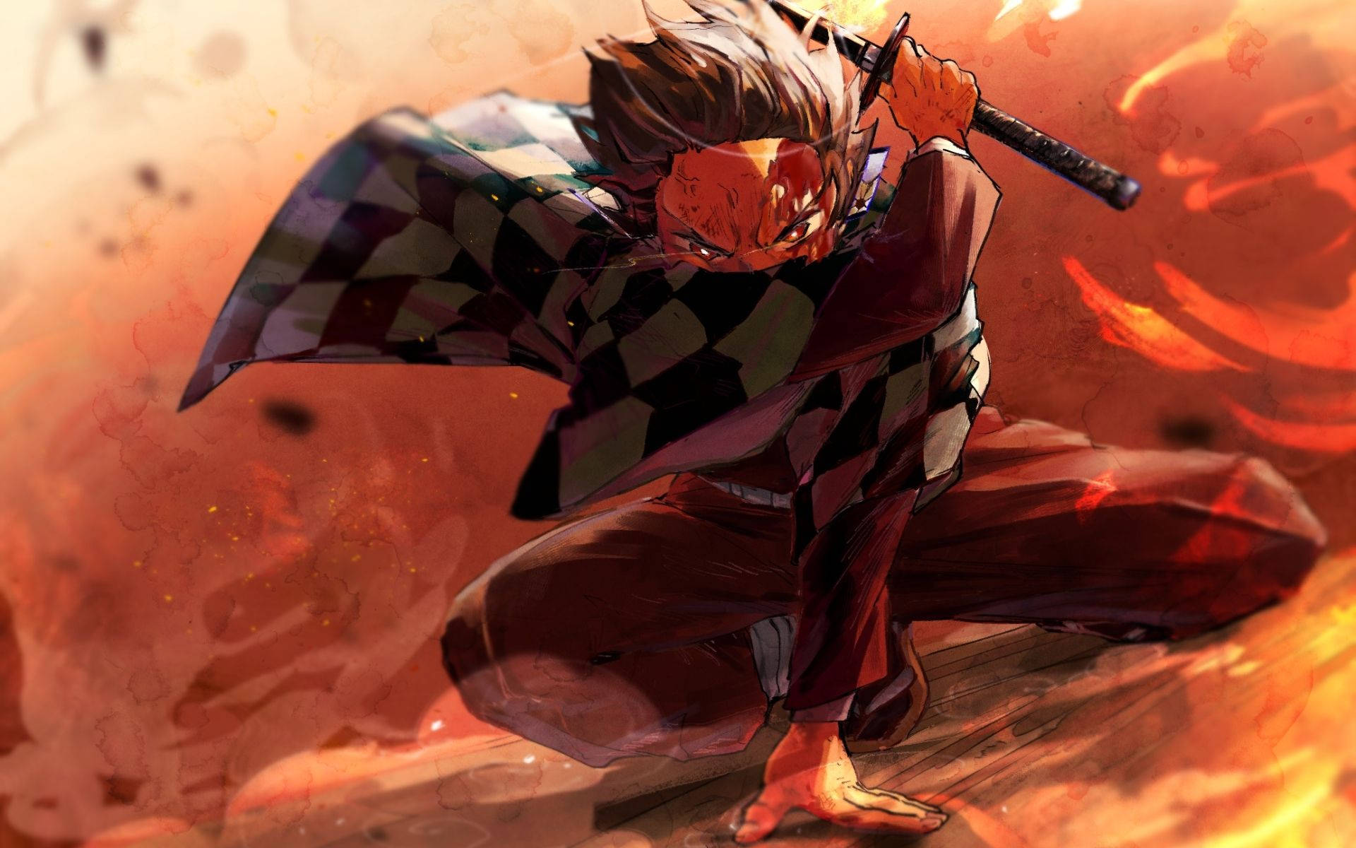 Fondo de pantalla de Demon Slayer de Kamado Tanjiro rodeado de humo y fuego.