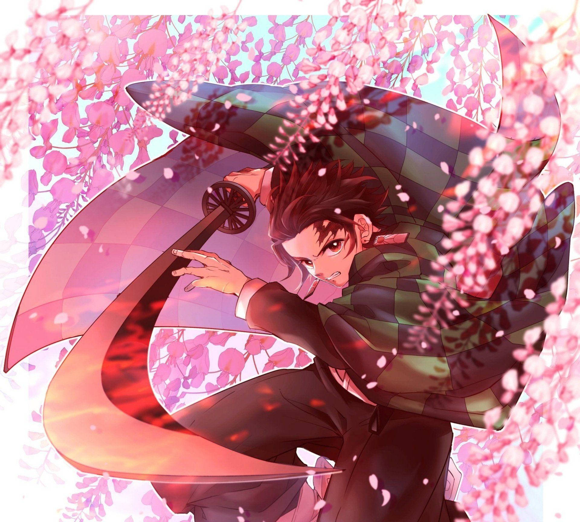 Tanjiro de Demon Slayer con flores rosas Fondos de pantalla