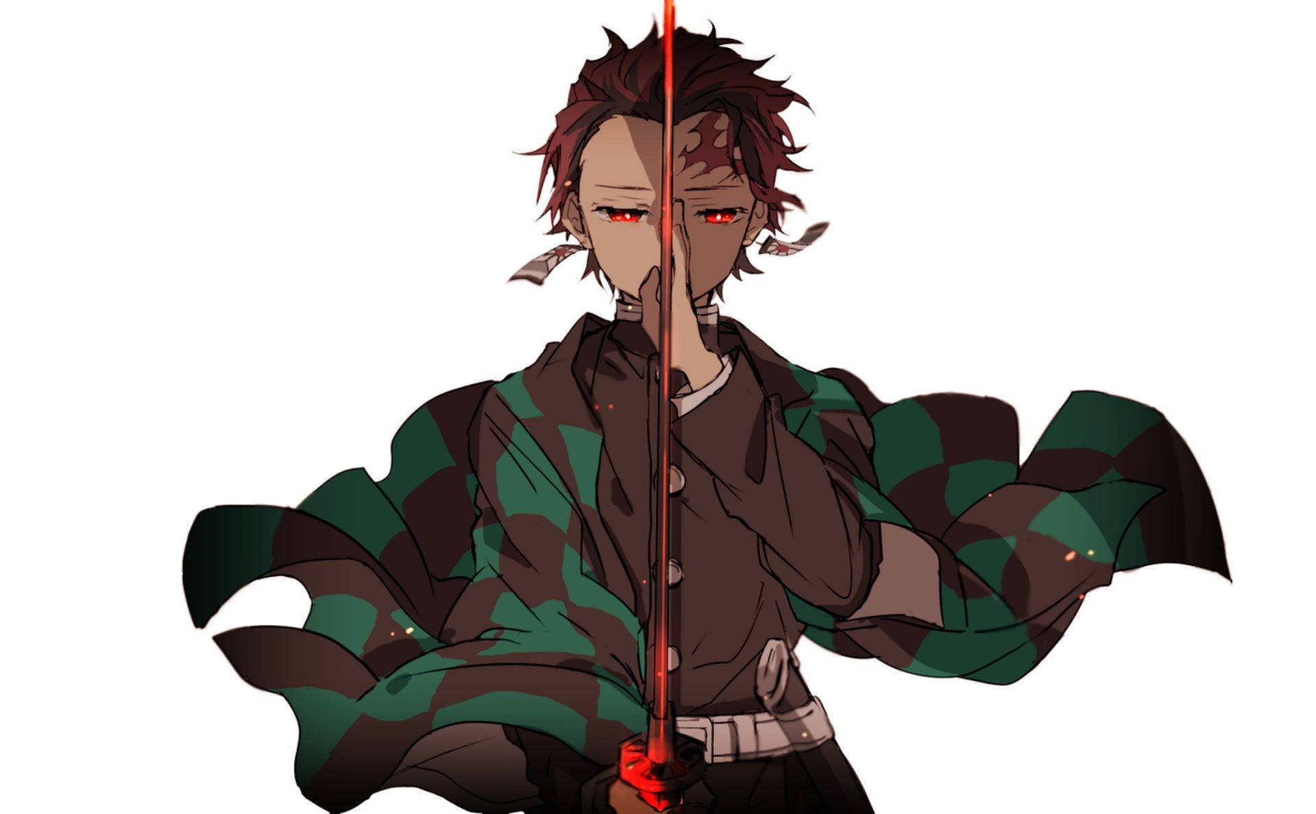 Fondo de pantalla de Demon Slayer de Kamado Tanjiro con ojos rojos, aretes Hanafuda y abrigo verde y negro a cuadros, sosteniendo su espada carmesí y negra.