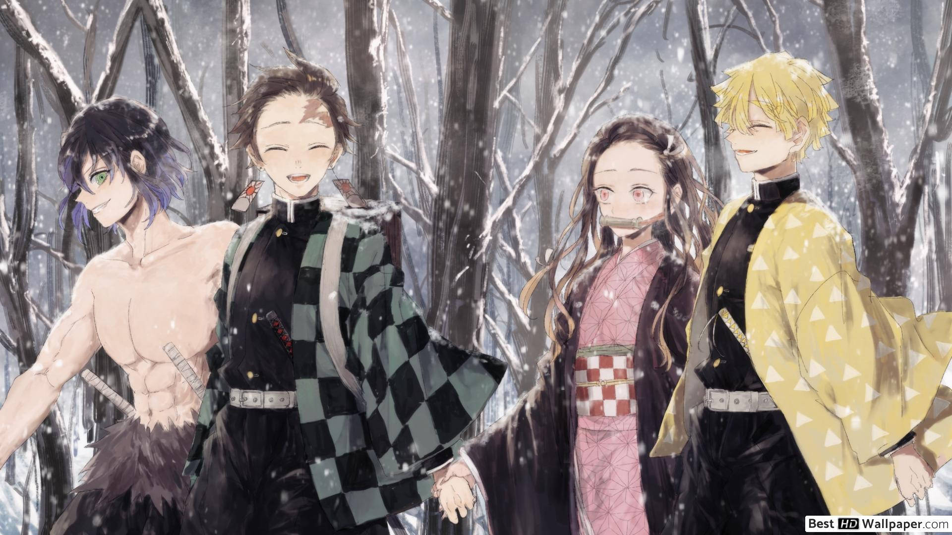 Fondo de pantalla de Demon Slayer de Tanjiro y otros caminando en un bosque nevado.