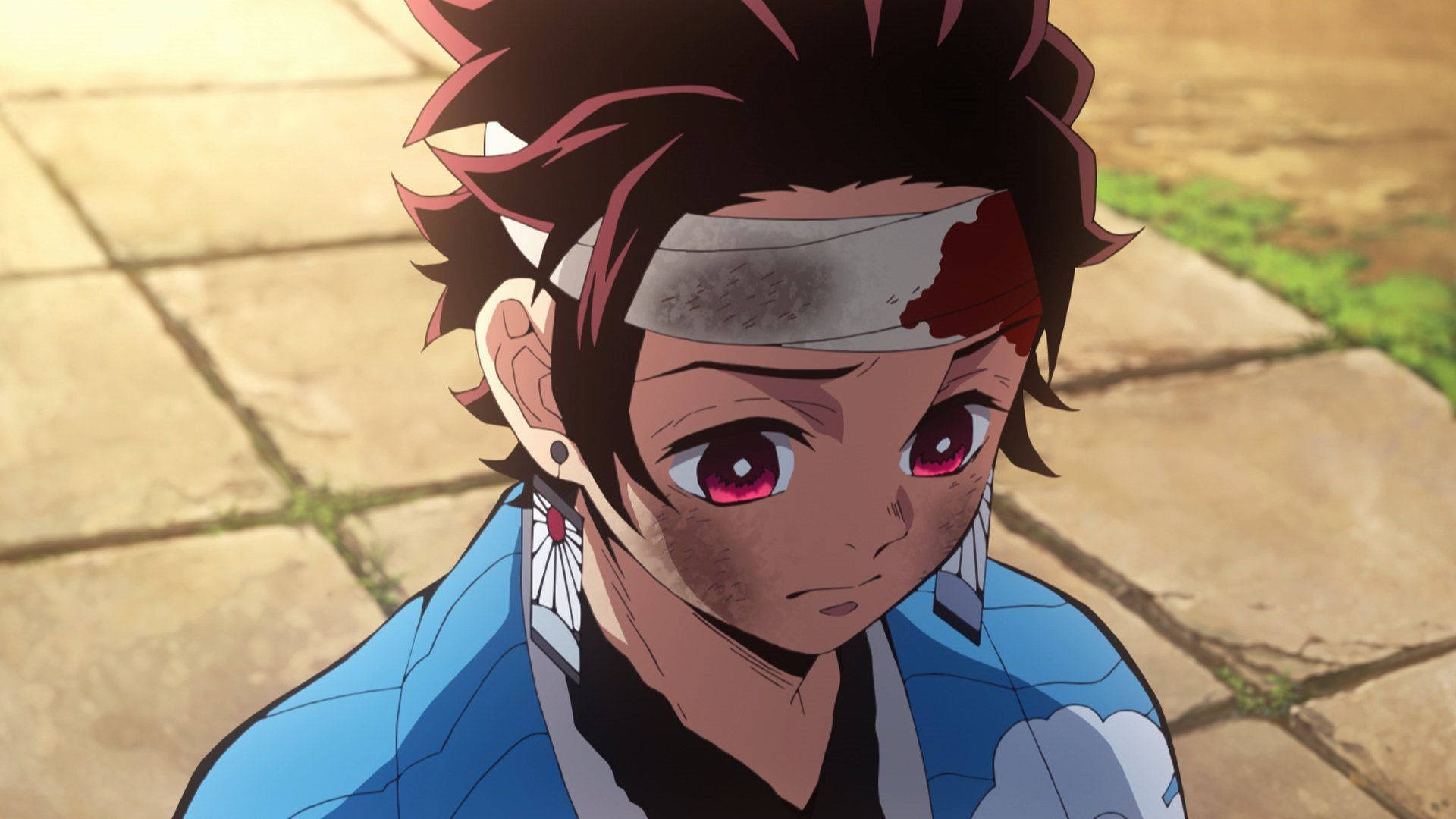 Fondo de pantalla de Demon Slayer de Kamado Tanjiro con la frente vendada. — Demon Slayer Fondos de pantalla