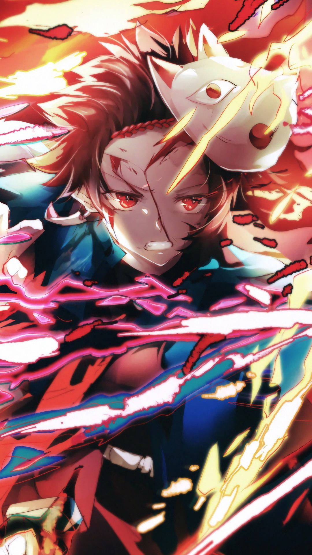 Tanjiro Kamado con máscara y fuego Fondos de pantalla
