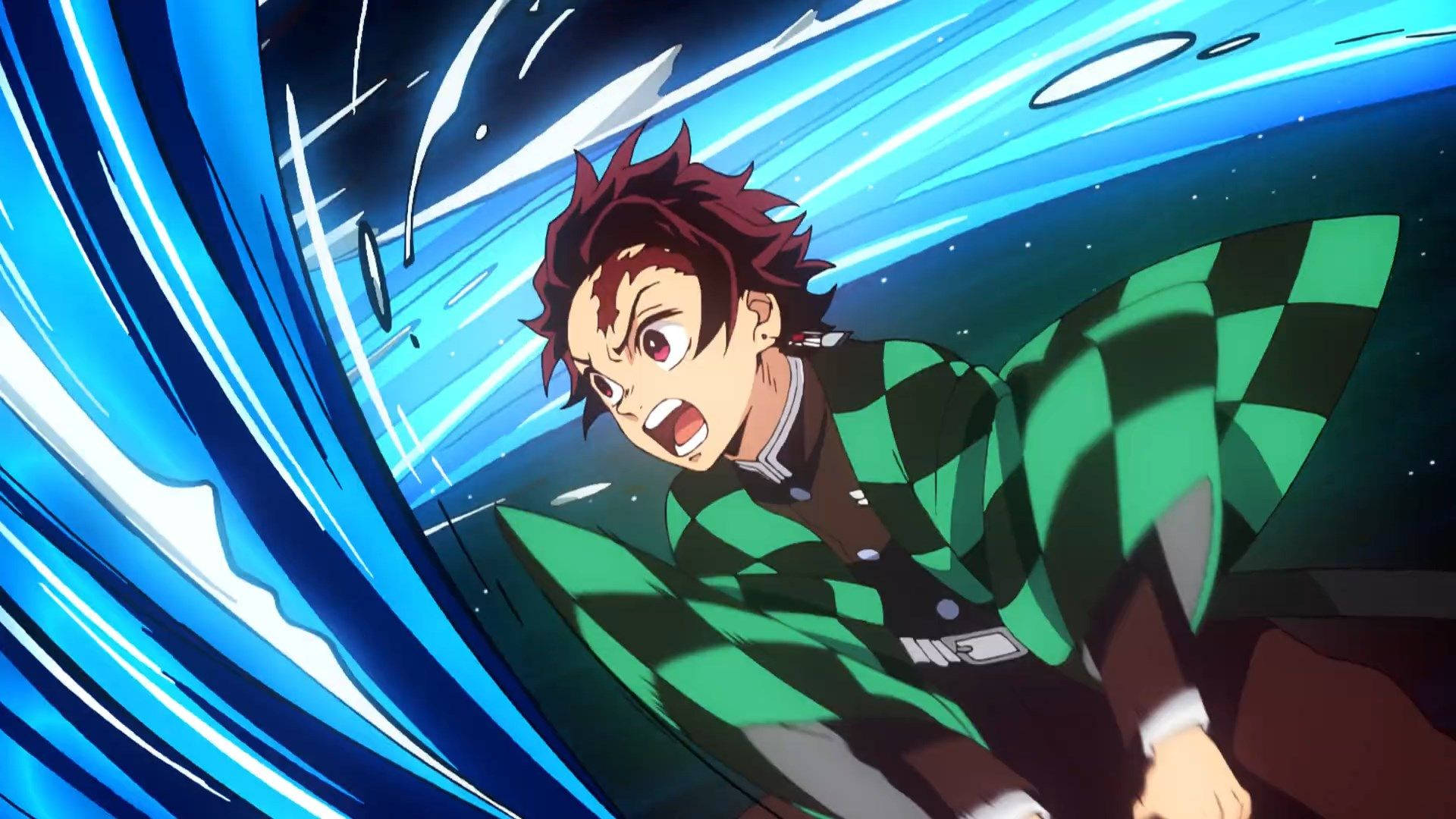 Fondo de pantalla de Demon Slayer de Kamado Tanjiro usando la técnica de respiración del agua.