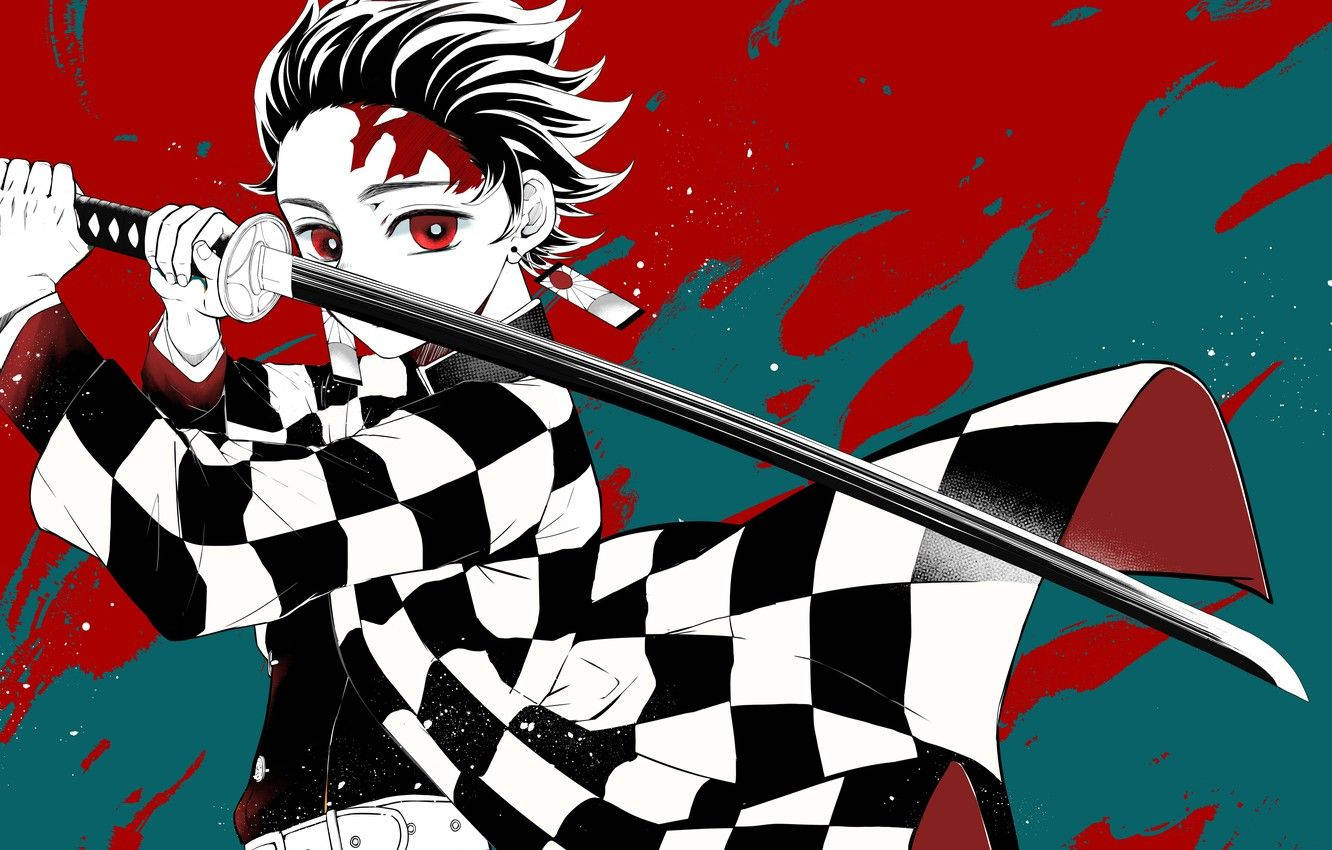 Fondo de pantalla de Demon Slayer de Kamado Tanjiro sosteniendo una larga espada negra y elegante.