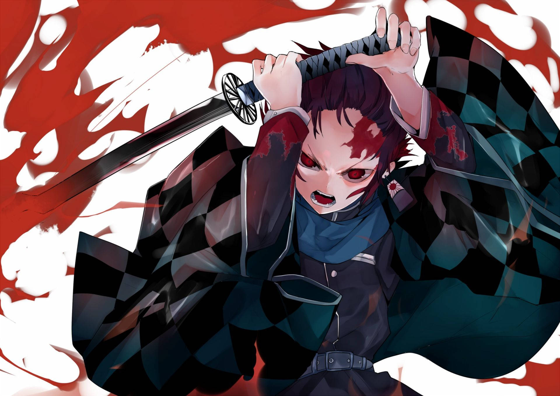 Fondo de pantalla de Demon Slayer de Kamado Tanjiro atacando con una espada negra.