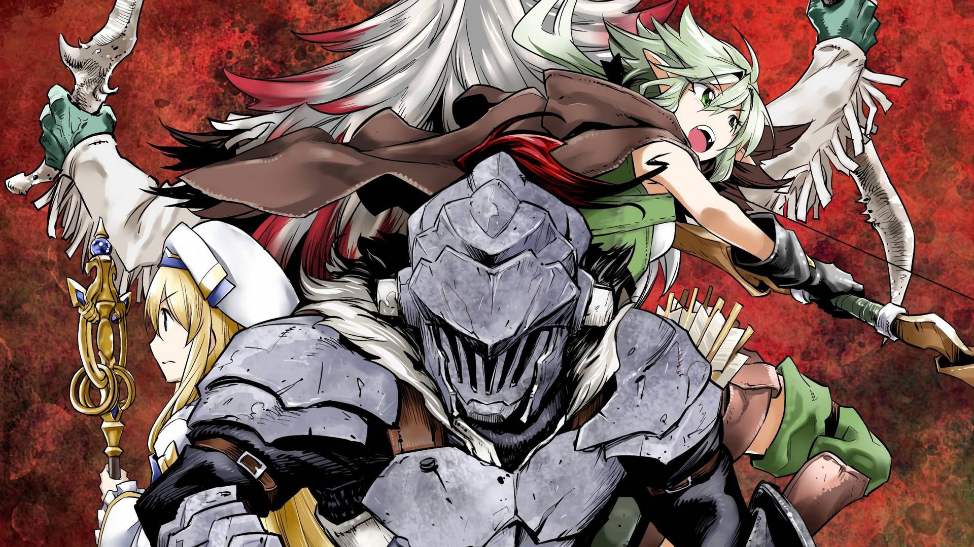 Fondo de pantalla de Demon Slayer con Goblin Slayer, la Elfa Arquera Alta y la sacerdotisa.