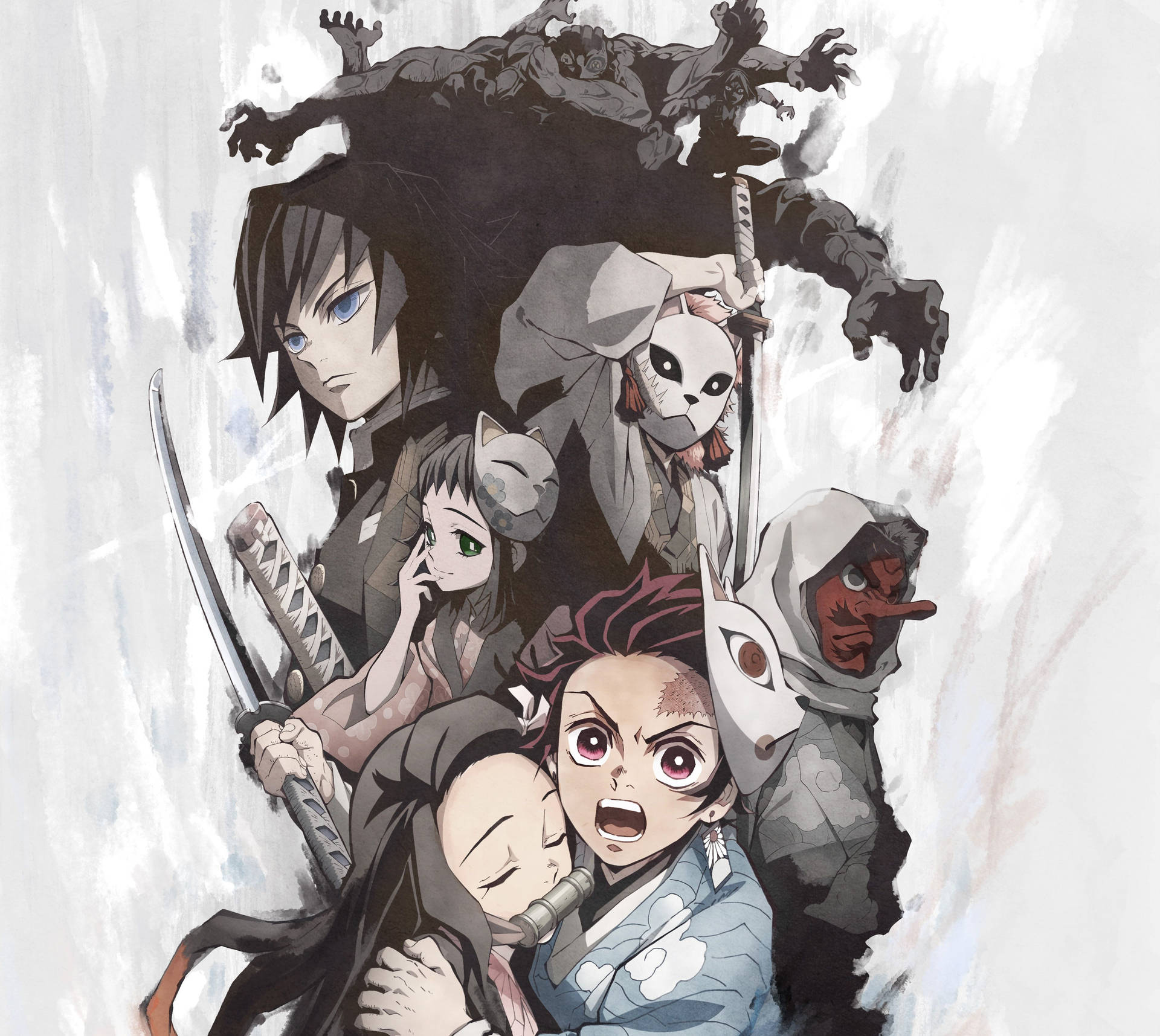 Fondo de pantalla de Demon Slayer de Tanjiro y otros con un demonio de muchos brazos.