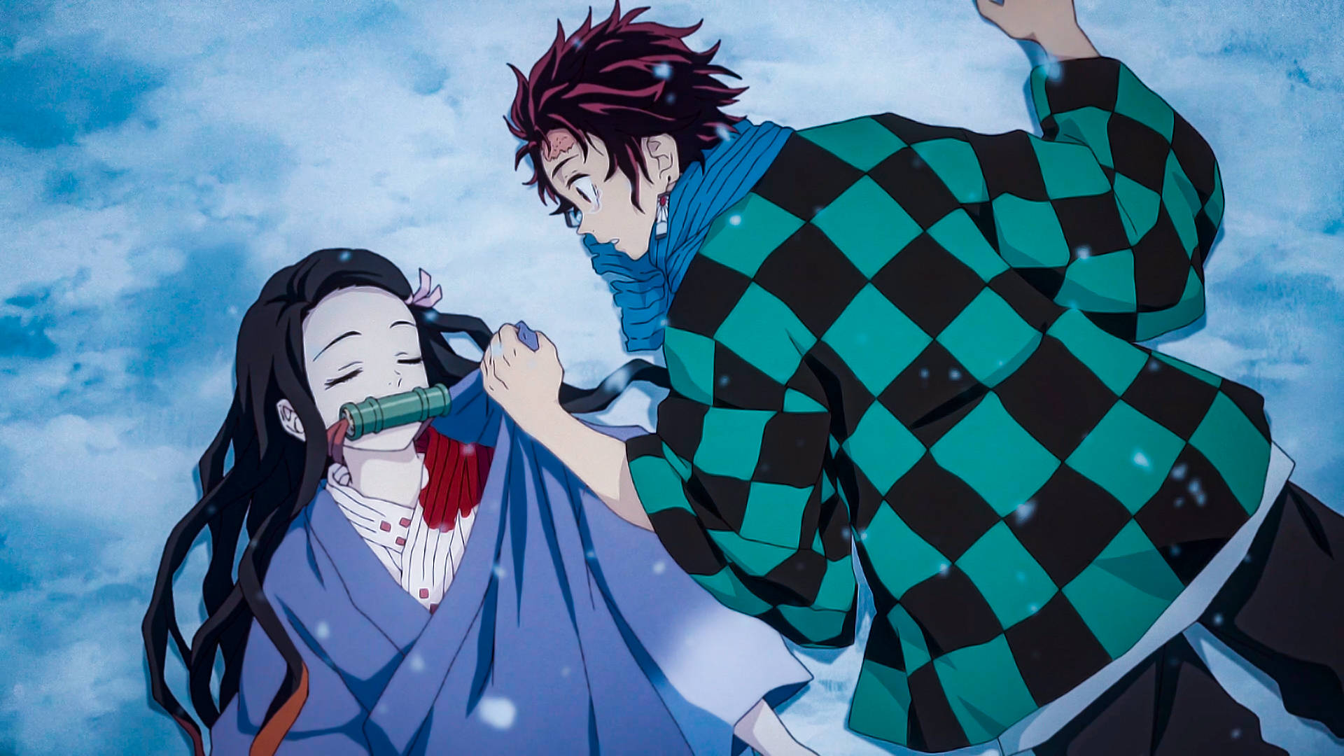 Fondo de pantalla de Demon Slayer de Tanjiro en el suelo nevado mirando a Nezuko.