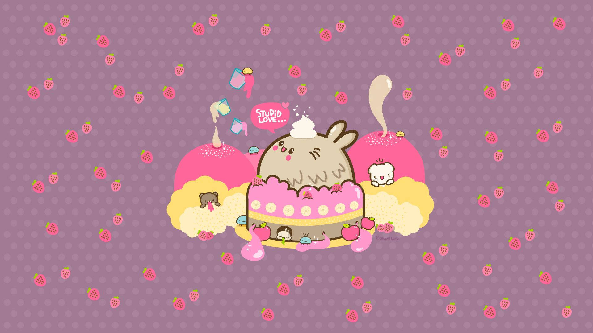 Fondo de pantalla de portada de fresas lavanda kawaii.